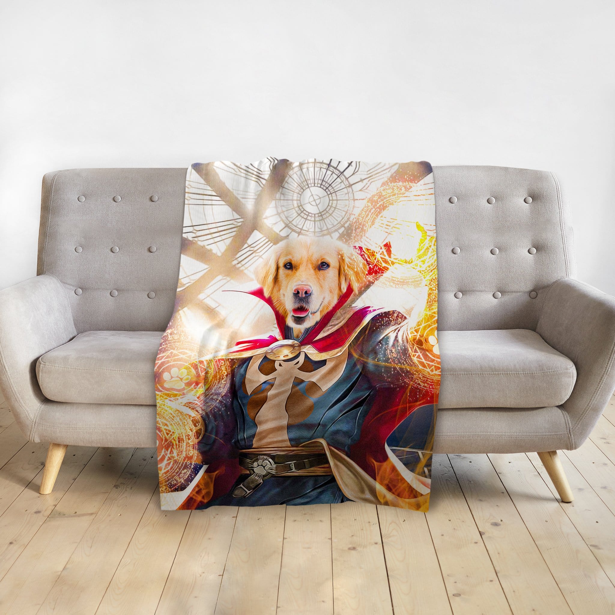 Personalized pet blanket featuring a golden retriever in a Dawgtor Strange superhero portrait.