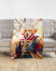 Personalized pet blanket featuring a golden retriever in a Dawgtor Strange superhero portrait.