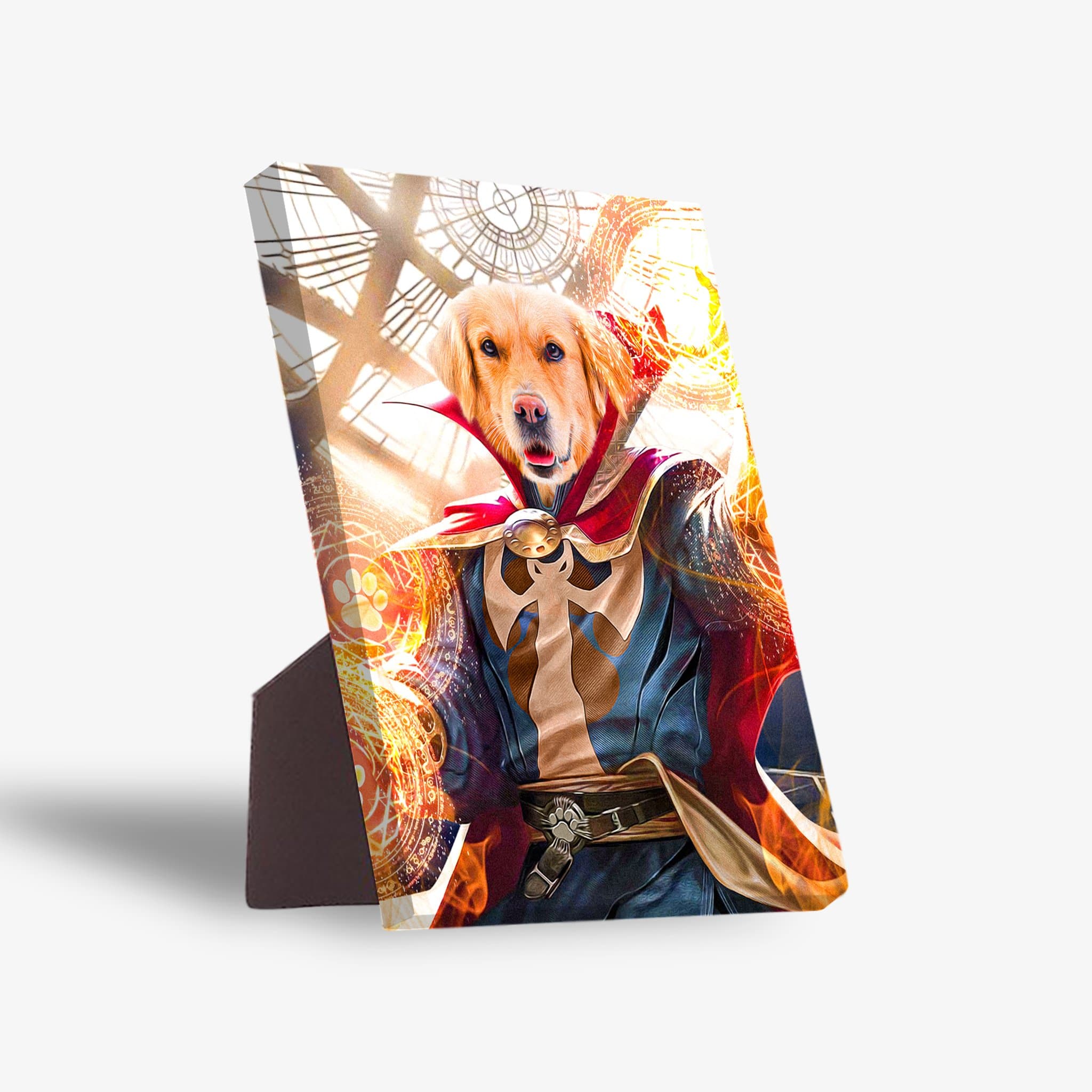 Golden retriever pet portrait on a standing canvas, dressed as Dawgtor Strange with a red cape and magical effects.