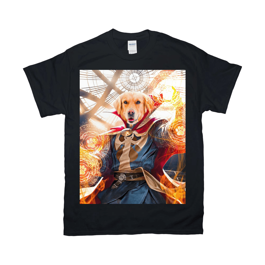 Black Gildan unisex t-shirt featuring a golden retriever as Dawgtor Strange with magical paw print effects.