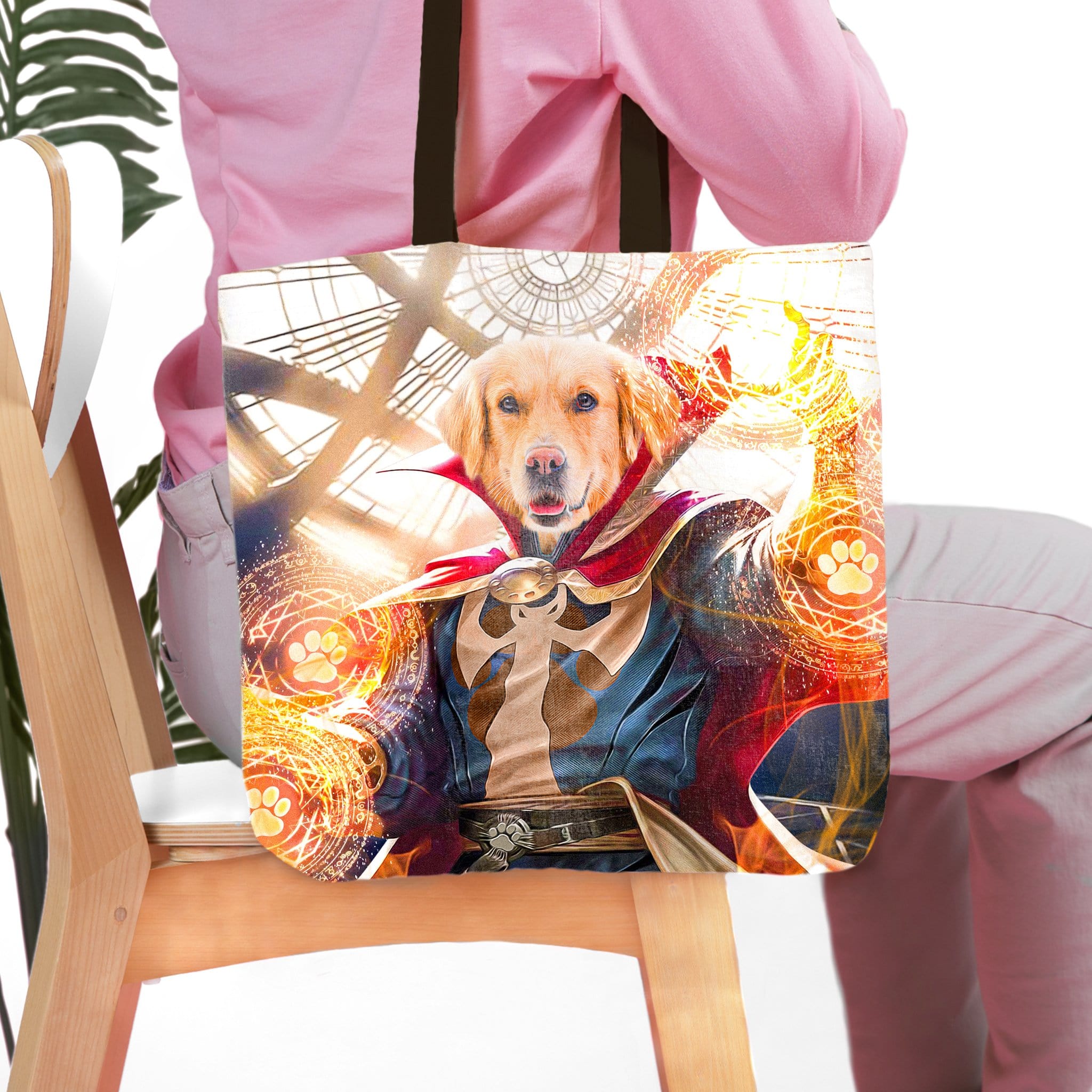 Personalized 'Dawgtor Strange' tote bag featuring a Golden Retriever pet portrait in a superhero costume.