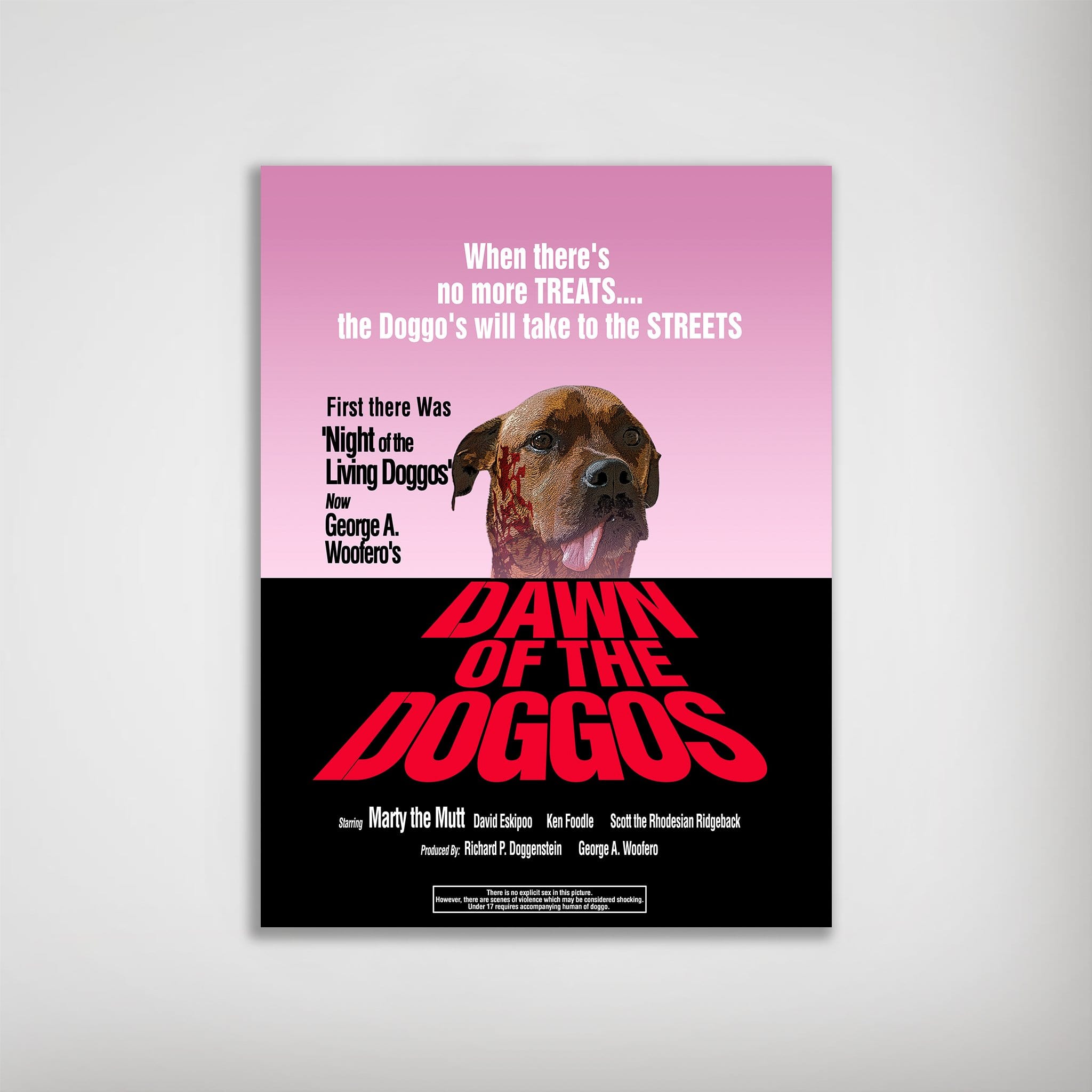 Personalized "Dawn of the Doggos" poster featuring a dog's face with a pink and black movie-style design.