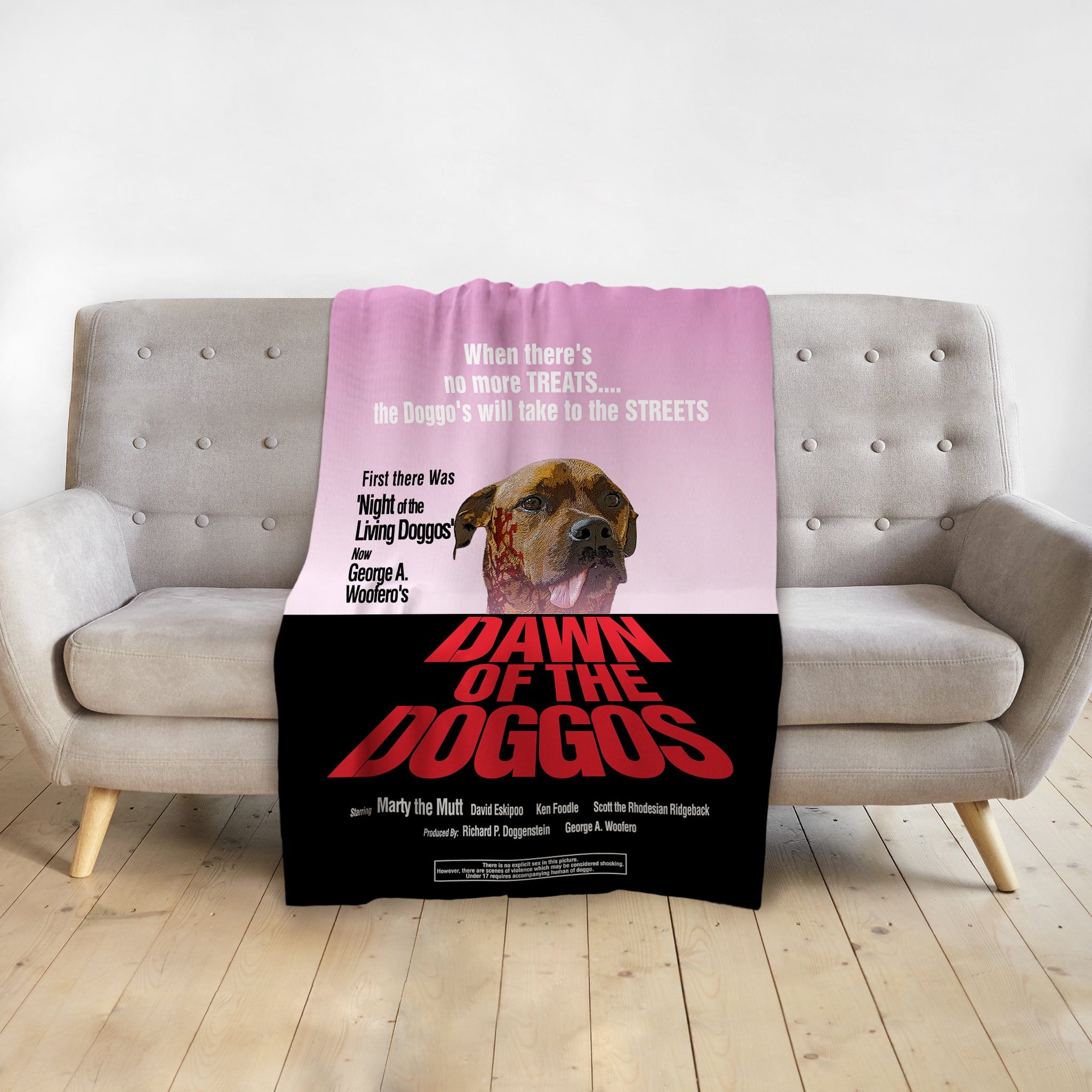 Personalized pet blanket with a zombie dog portrait in a movie poster style.