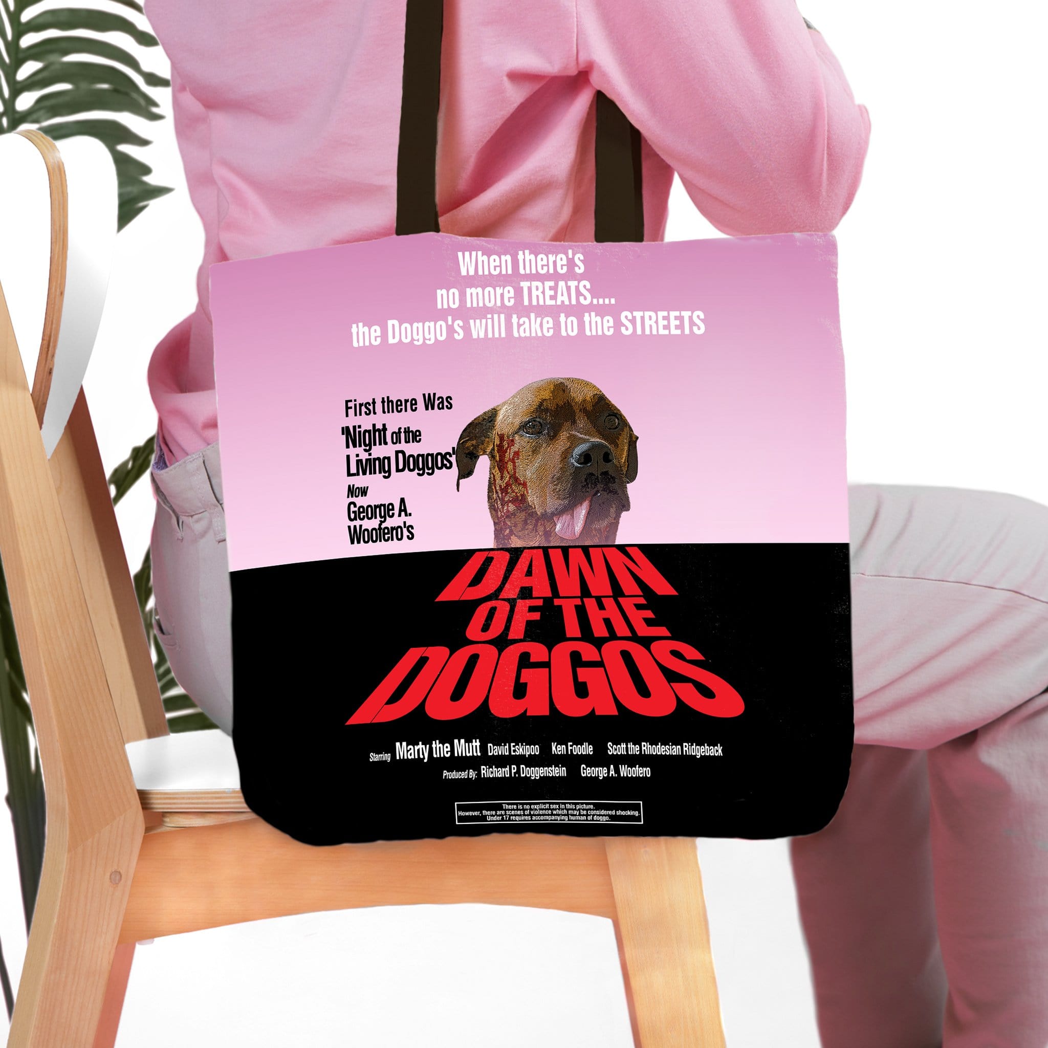 Personalized 'Dawn of the Doggos' tote bag with a custom pet portrait in a movie poster style.
