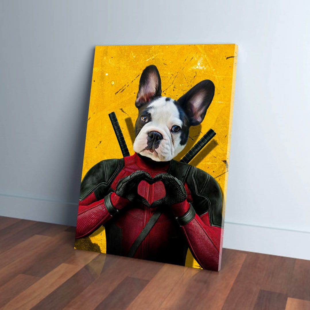 Personalized 'Deadpaw' pet canvas featuring a French Bulldog in a red and black superhero suit making a heart shape.