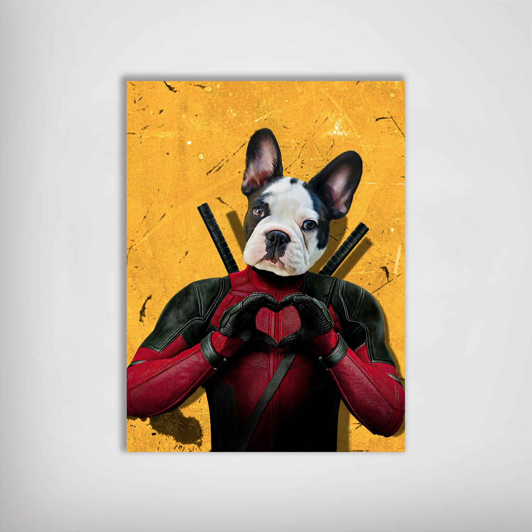 Personalized 'Deadpaw' pet poster featuring a French Bulldog in a red and black superhero suit making a heart shape.