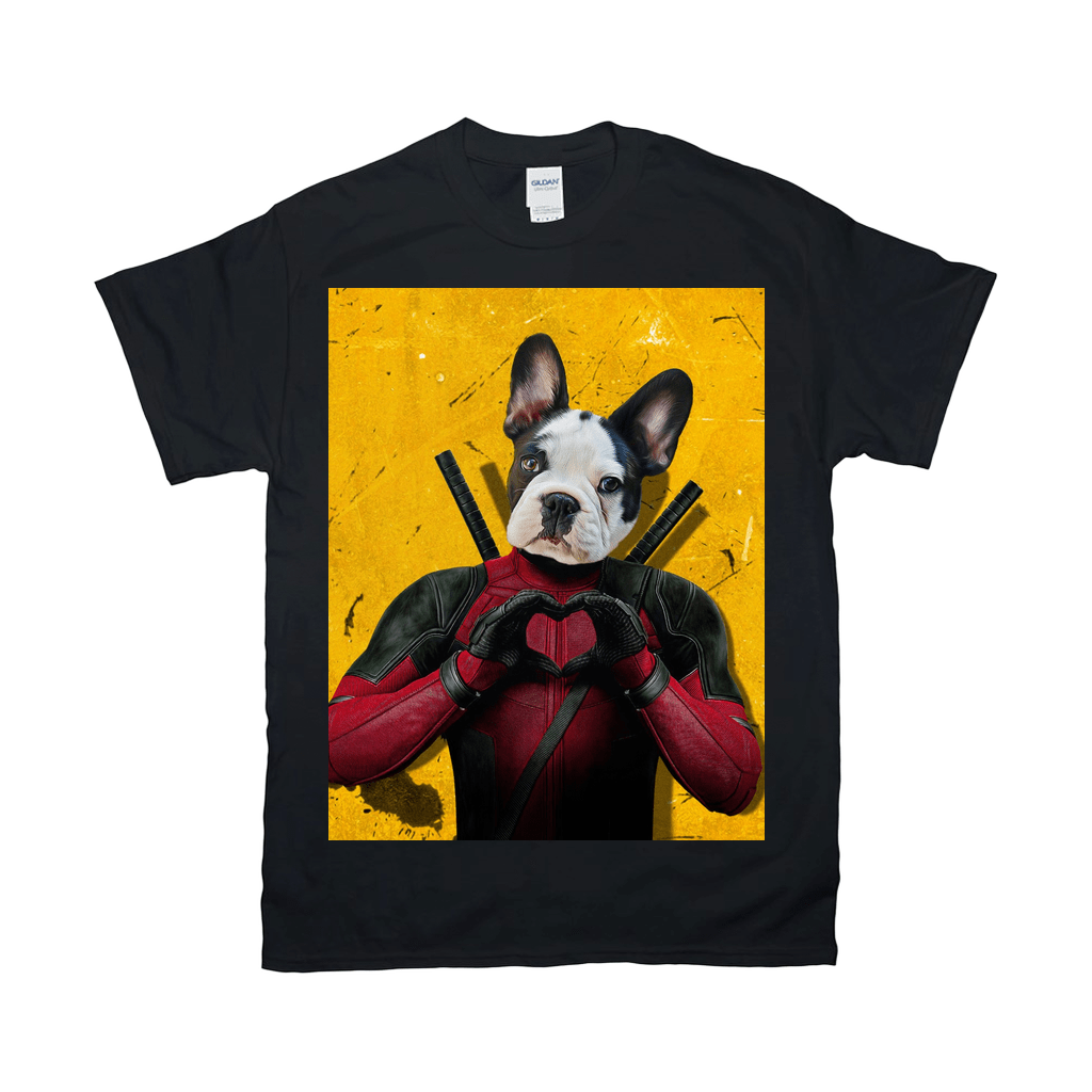 Black Gildan t-shirt with a personalized French Bulldog in a red and black superhero suit making a heart shape.