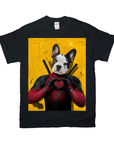 Black Gildan t-shirt with a personalized French Bulldog in a red and black superhero suit making a heart shape.