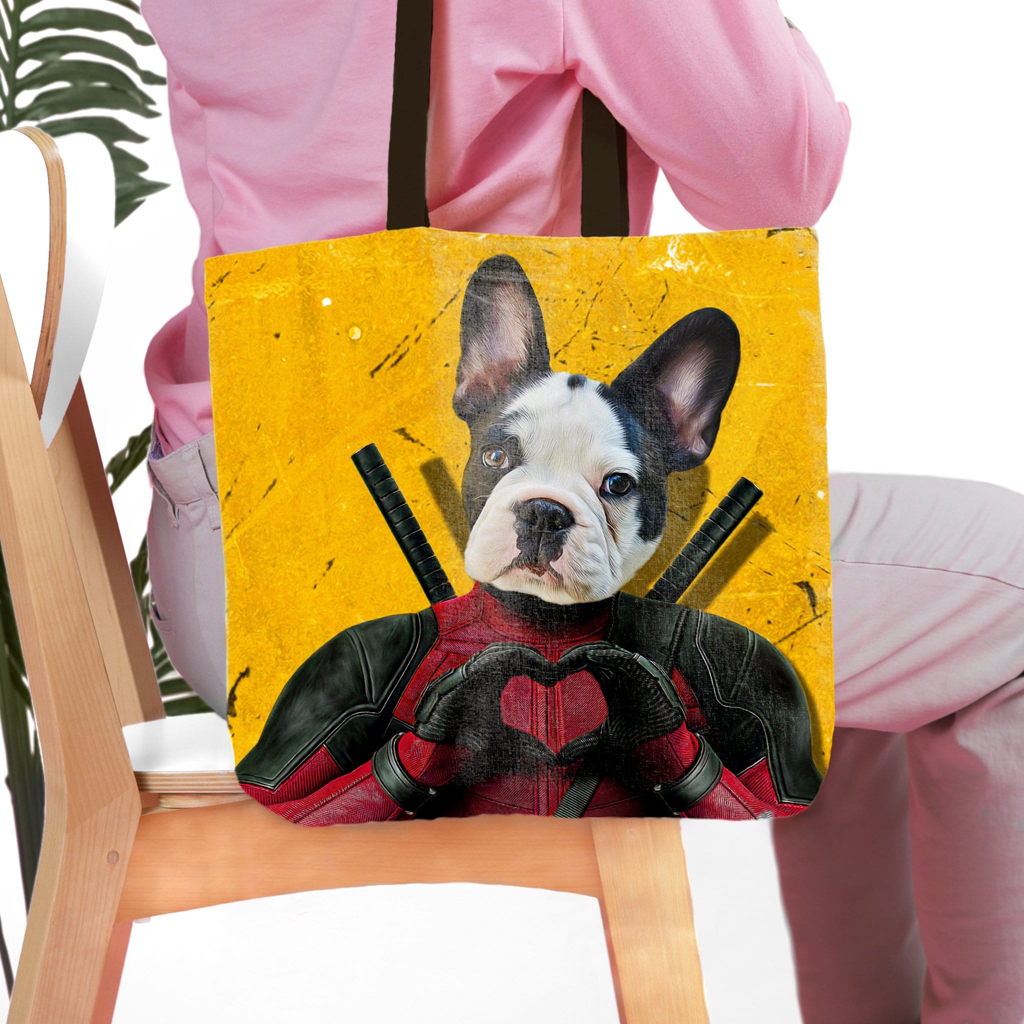 Personalized tote bag with a custom French Bulldog pet portrait in a Deadpool costume.