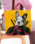 Personalized tote bag with a custom French Bulldog pet portrait in a Deadpool costume.