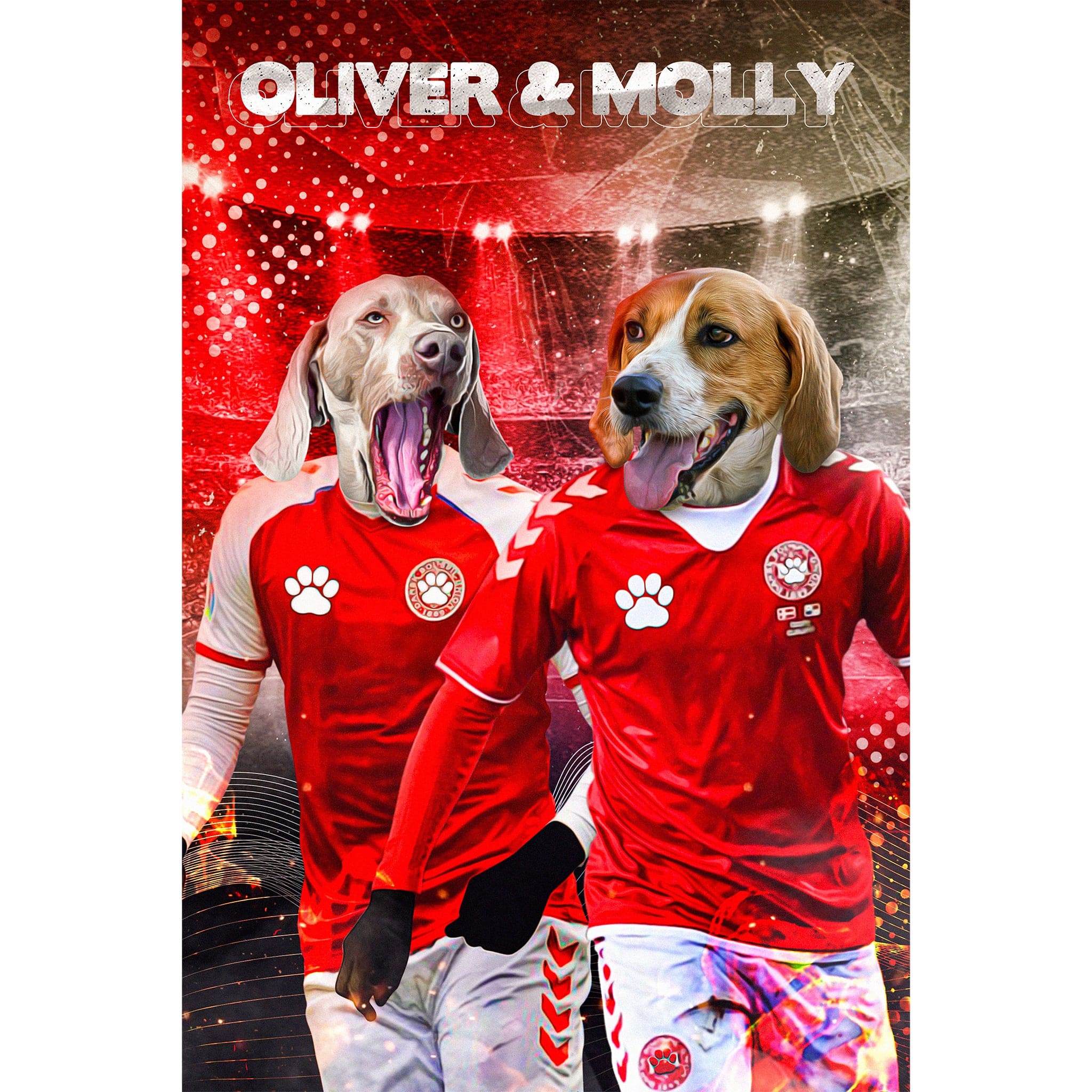 Personalized digital portrait of two dogs, Oliver and Molly, in red soccer jerseys.