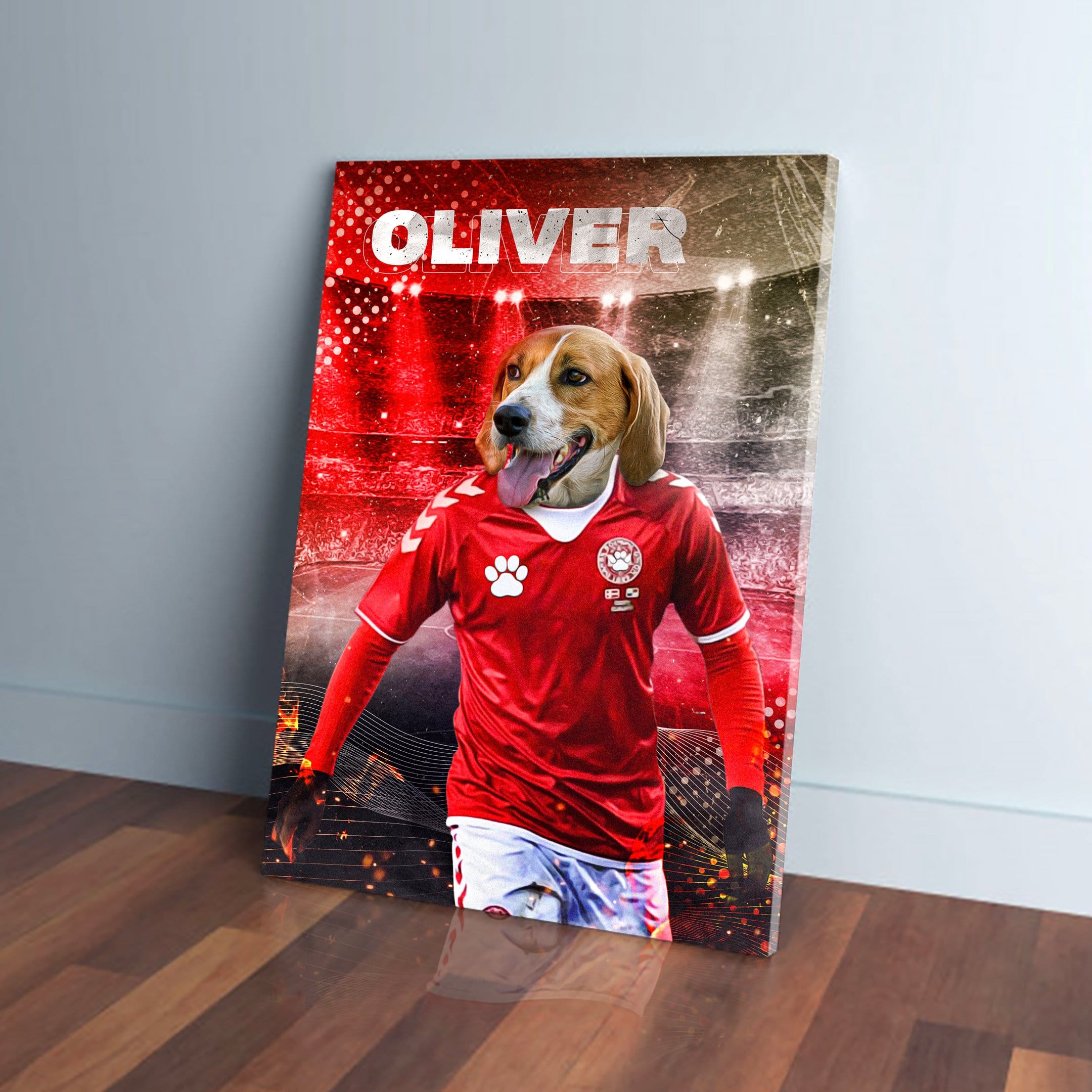 Personalized pet canvas featuring a beagle in a red Denmark Euro football kit with "OLIVER" above.