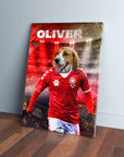Personalized pet canvas featuring a beagle in a red Denmark Euro football kit with "OLIVER" above.