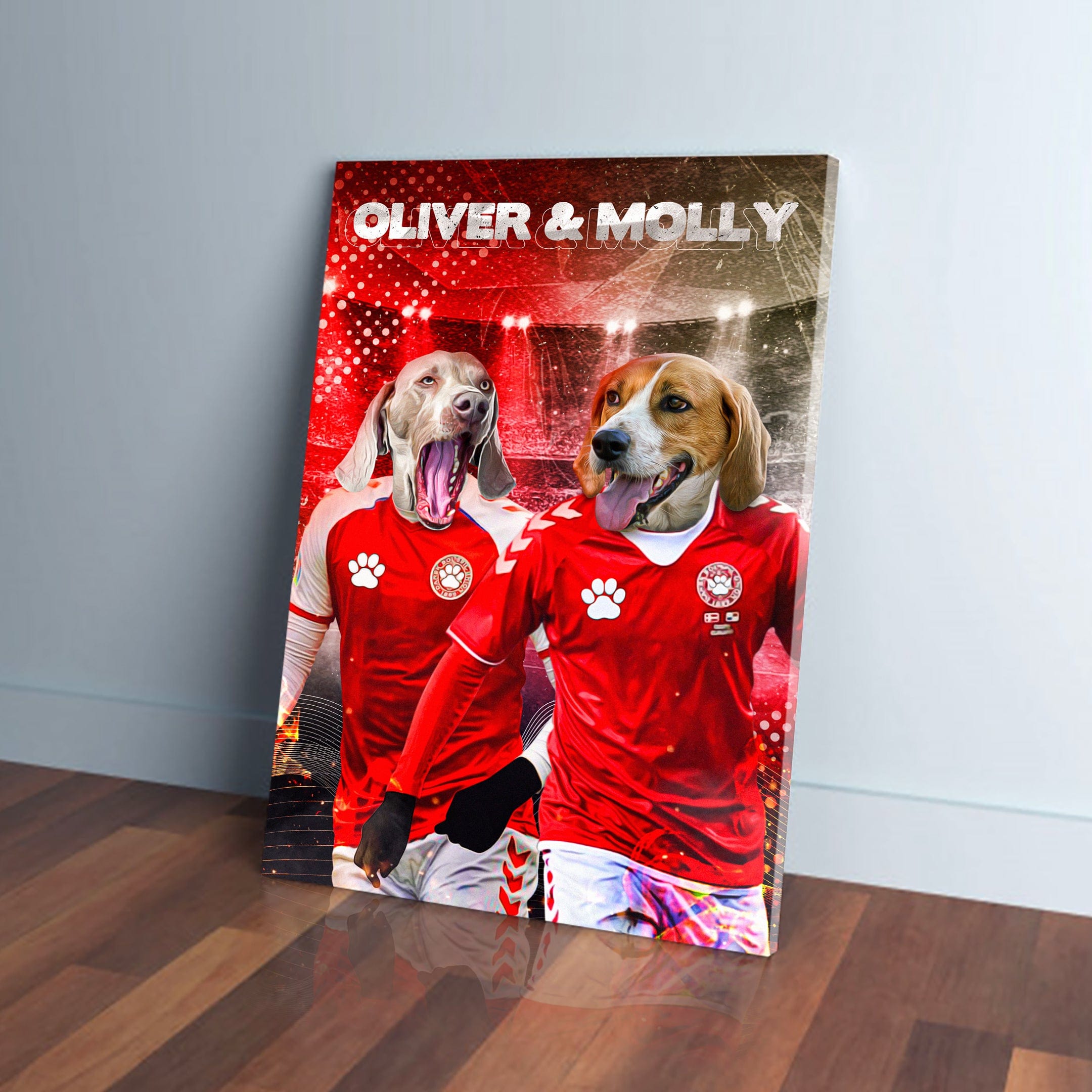 Personalized 'Denmark Doggos' canvas featuring two dogs in red soccer jerseys with names "Oliver & Molly".