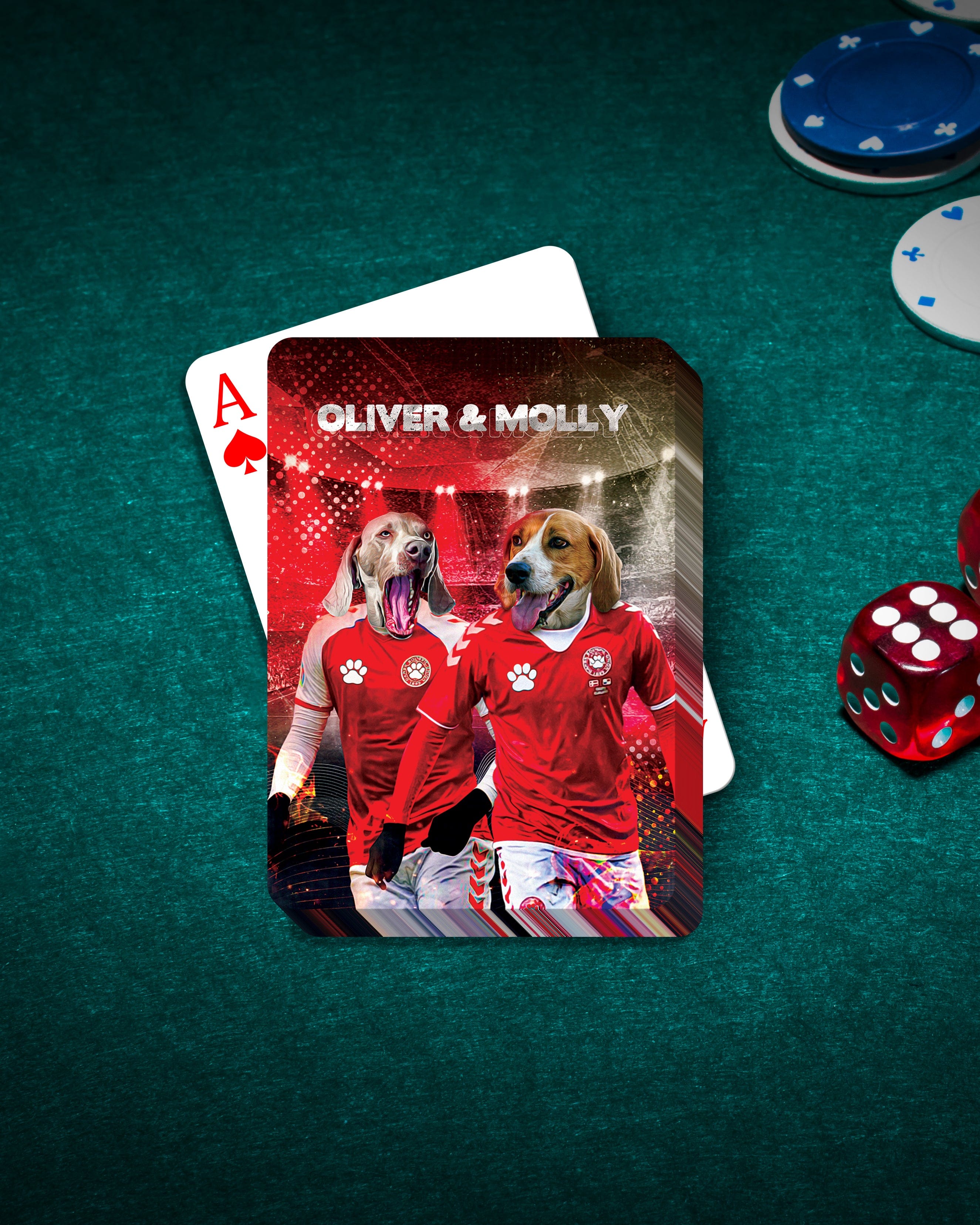 Personalized playing card with two dogs in red soccer uniforms, named Oliver & Molly, on a green poker table.