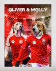 Personalized Denmark Doggos poster featuring two pets in red soccer jerseys with names "Oliver & Molly".