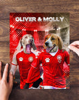 Personalized 2-pet puzzle featuring custom dog portraits in red soccer jerseys with names "Oliver & Molly".