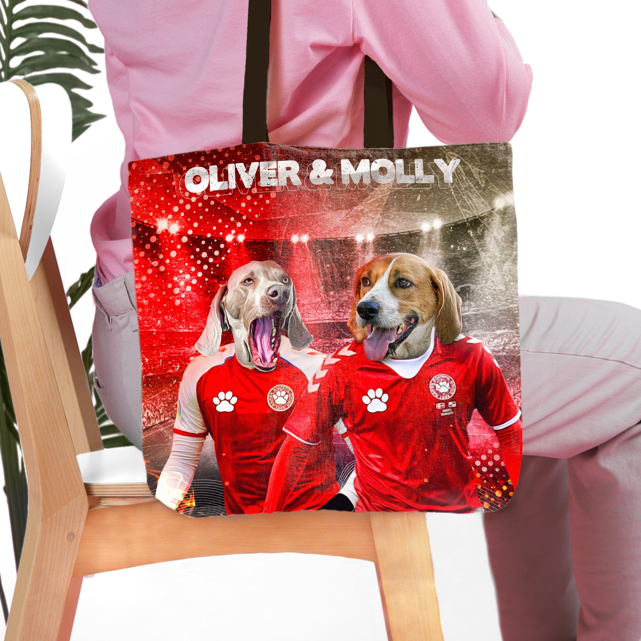 Personalized 'Denmark Doggos' pet tote bag featuring two dogs in red soccer jerseys.