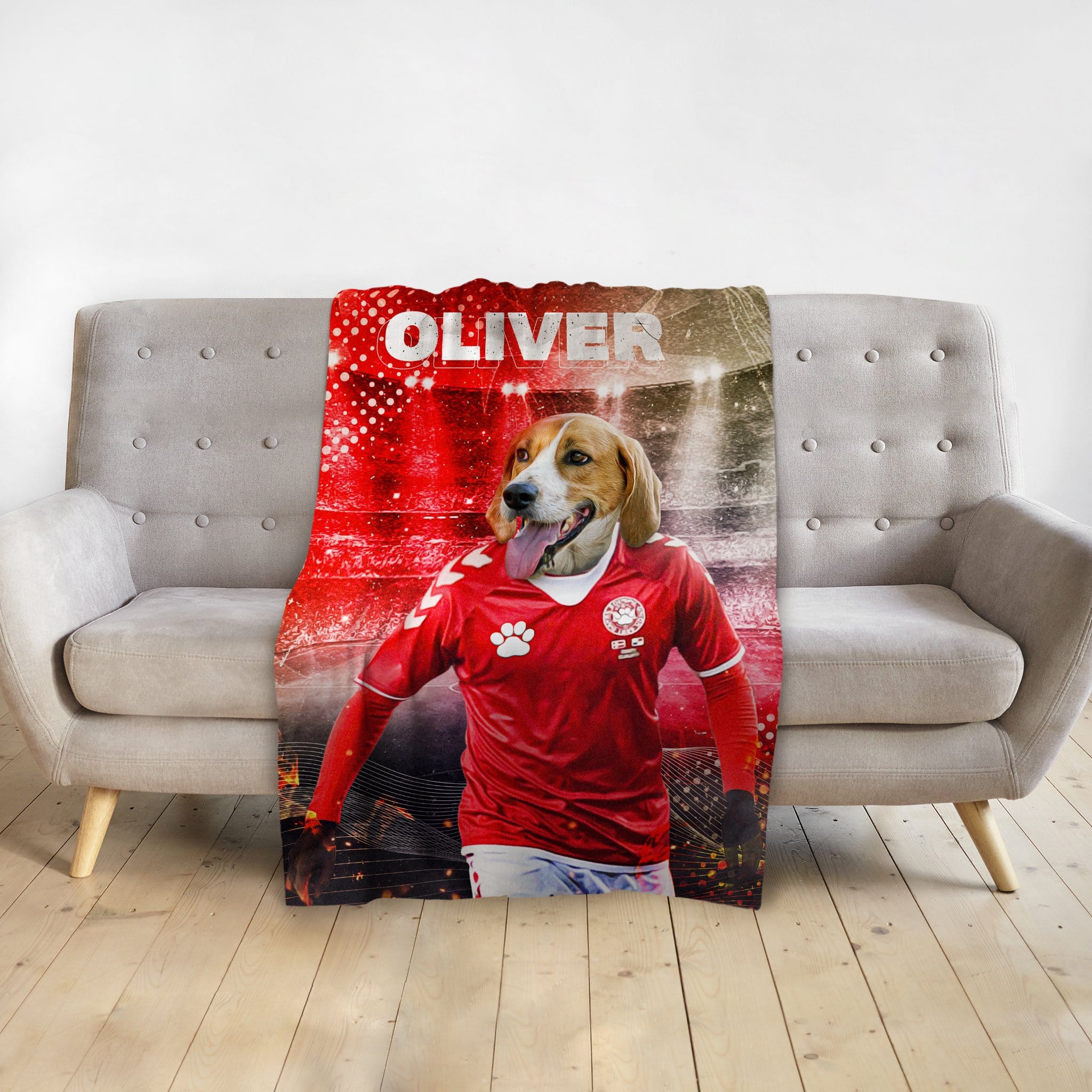Personalized pet blanket with a Beagle dog in a red soccer uniform, named "Oliver.