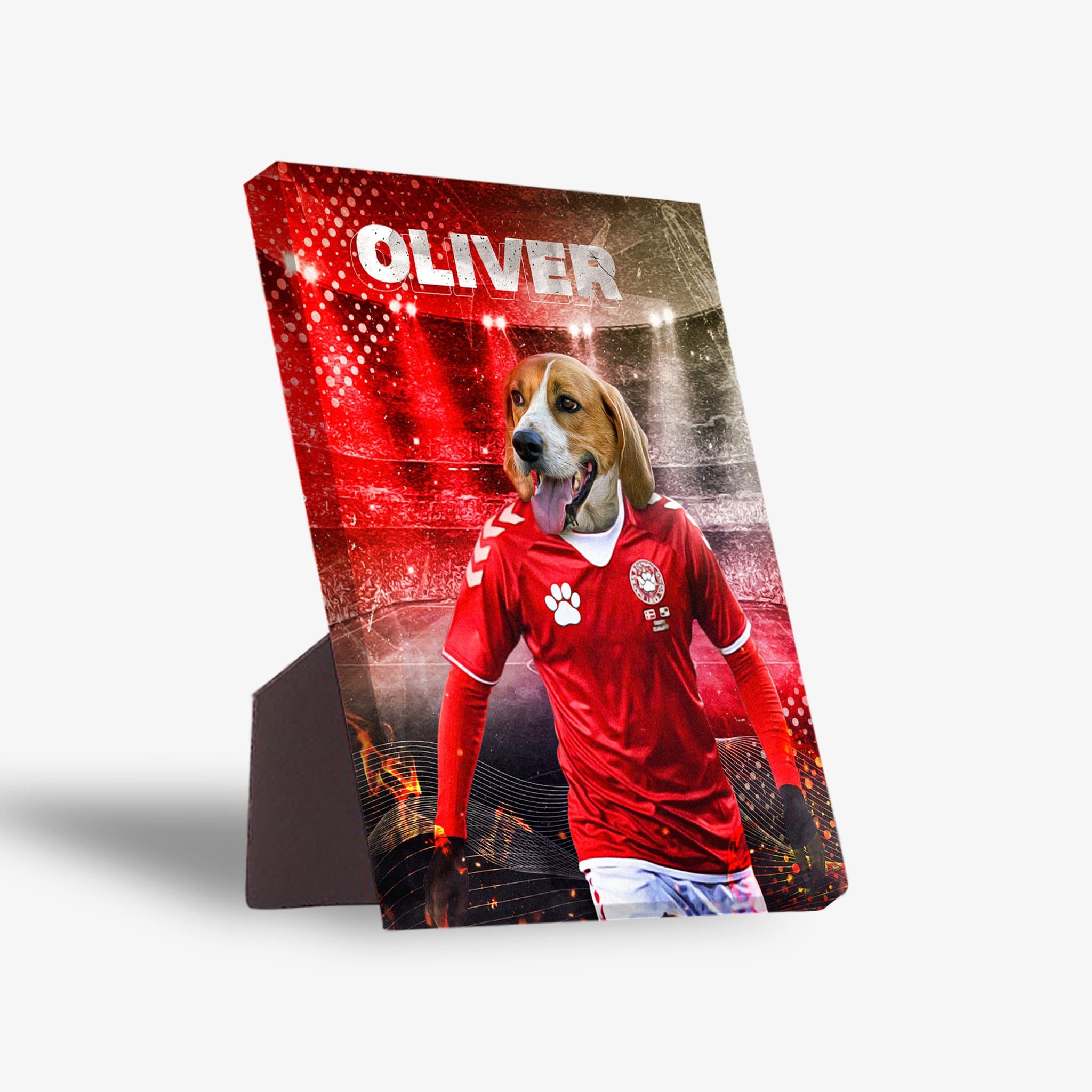 Personalized pet standing canvas featuring a beagle in a red soccer jersey with "OLIVER" above, on a stadium background.