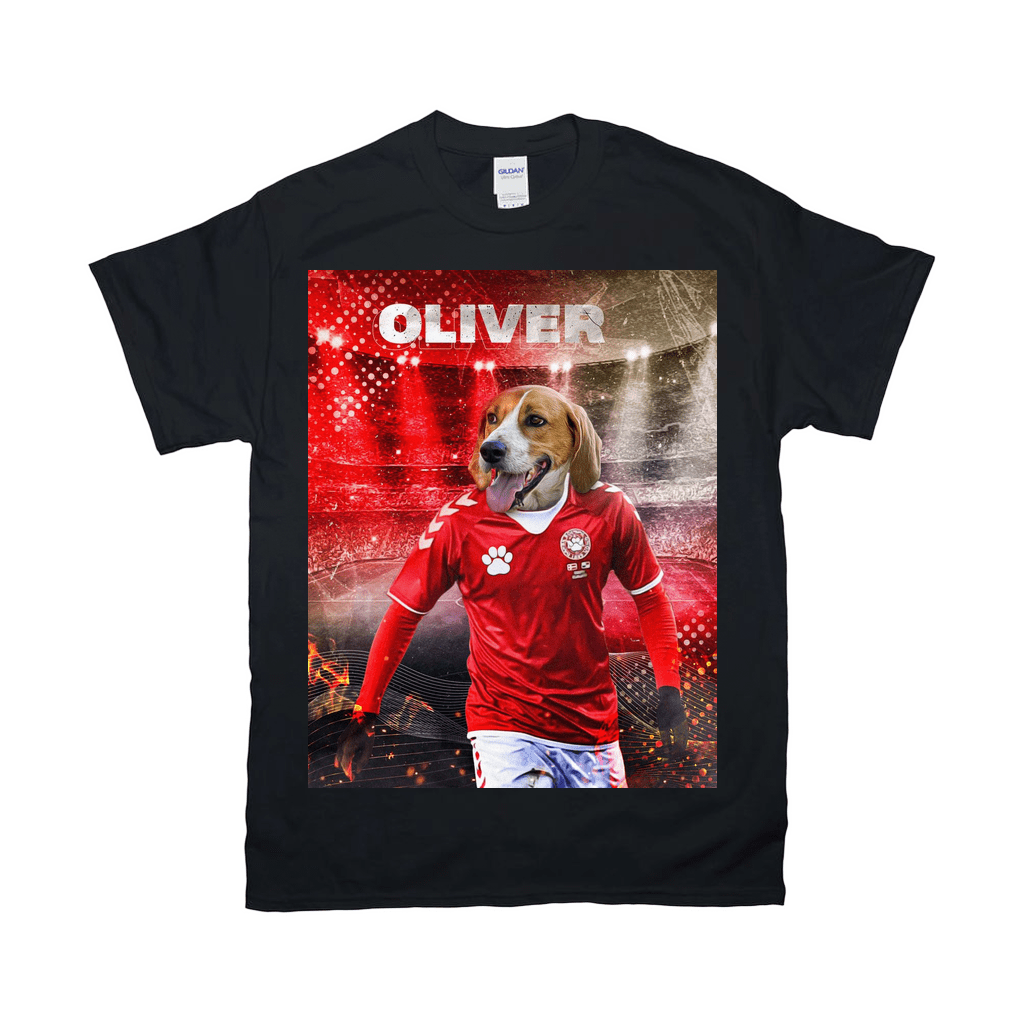 Black Gildan t-shirt with a personalized design featuring a beagle in a red soccer jersey named "Oliver.