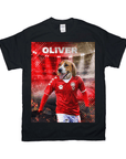 Black Gildan t-shirt with a personalized design featuring a beagle in a red soccer jersey named "Oliver.