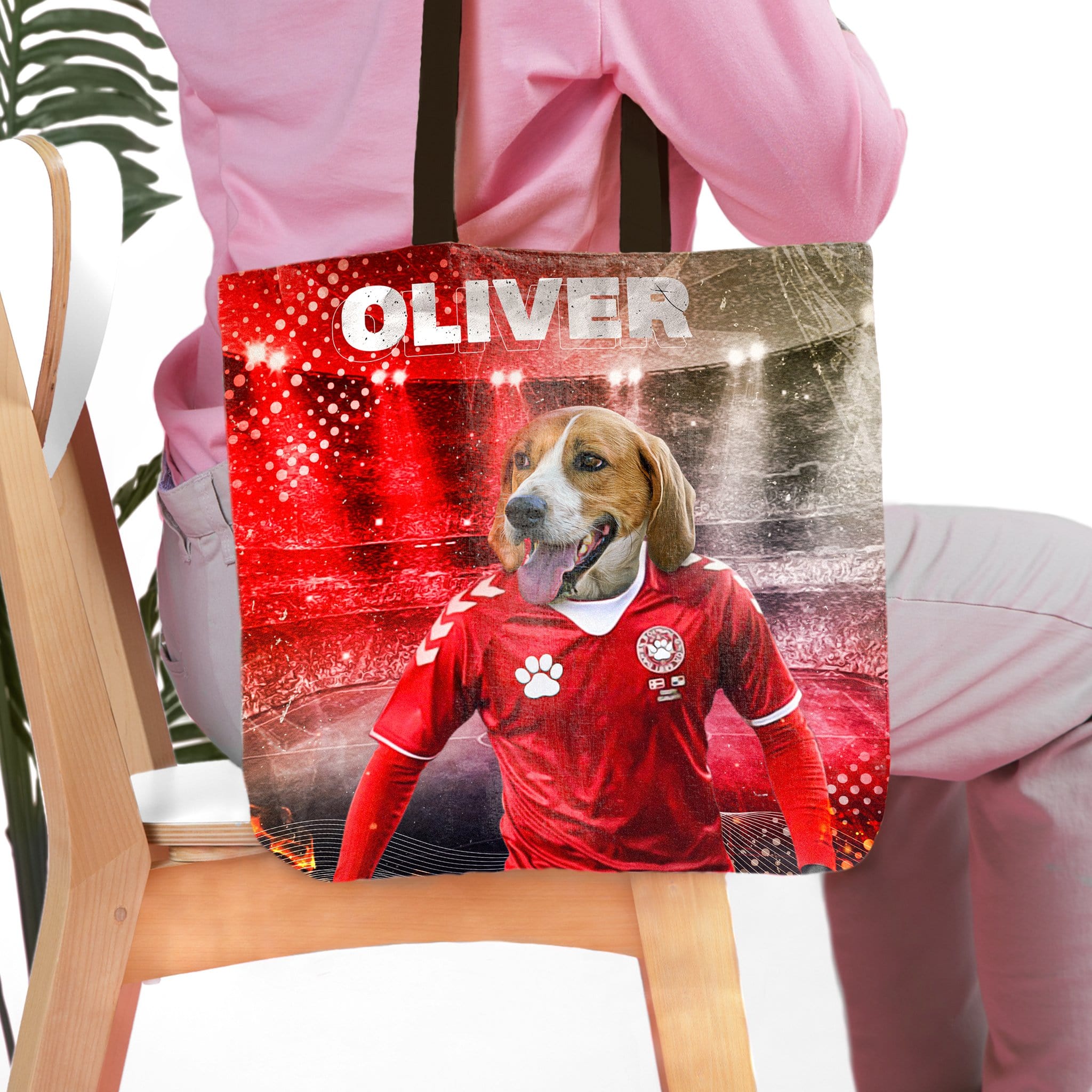 Personalized Denmark Doggos Soccer tote bag with a custom Beagle pet portrait in a red jersey.