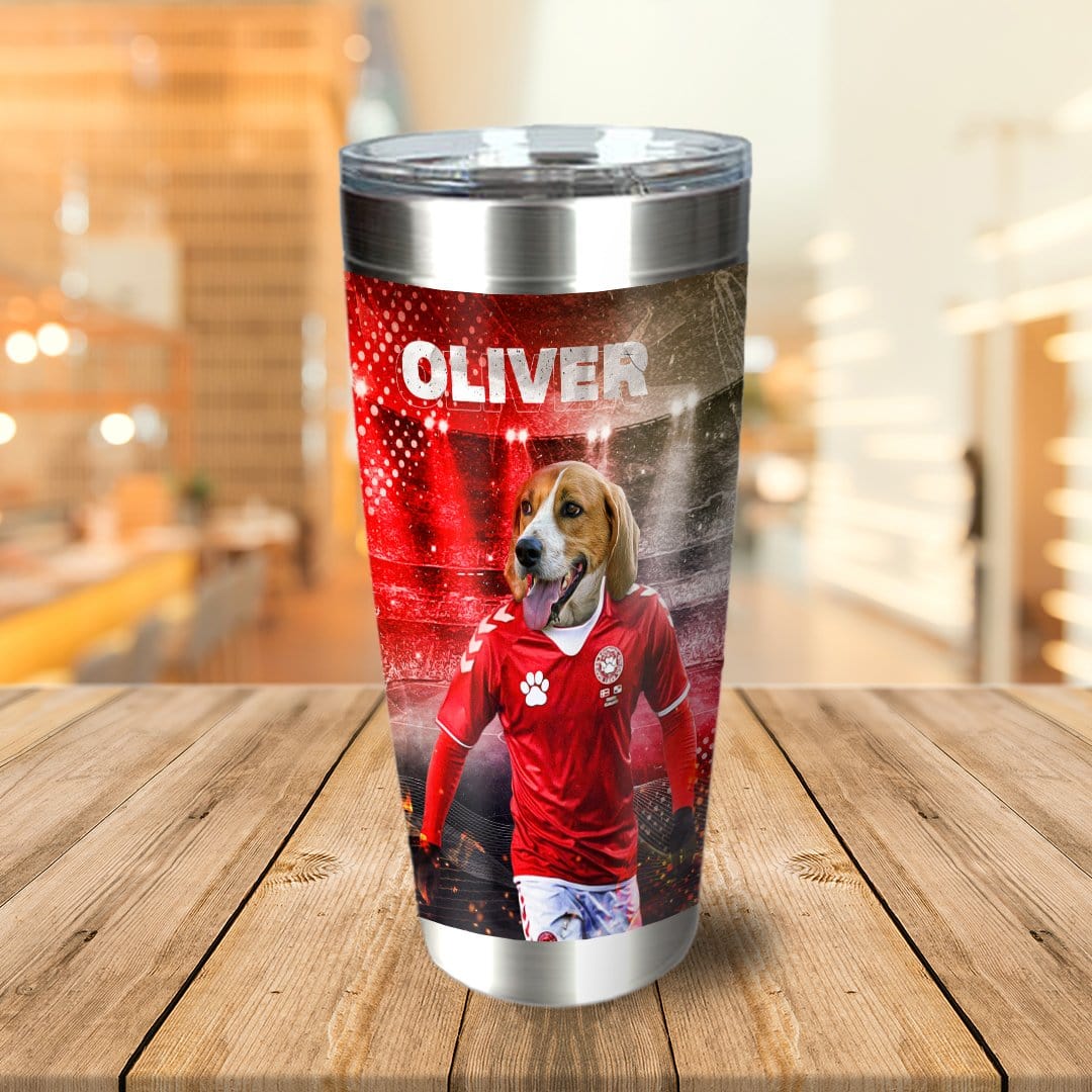 Personalized stainless steel tumbler with a custom beagle dog portrait in a red soccer uniform.