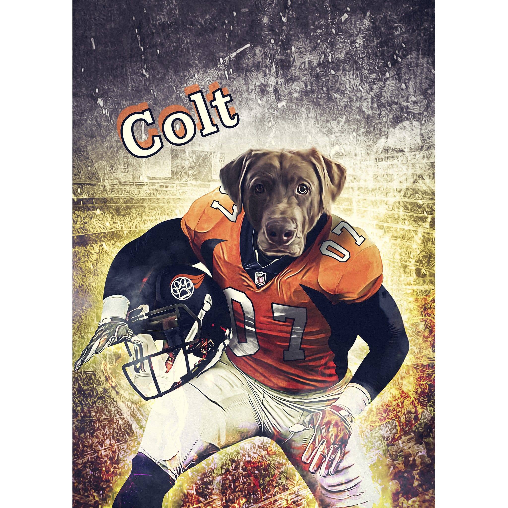 Personalized digital portrait of a chocolate lab dog in a Denver Broncos football uniform.