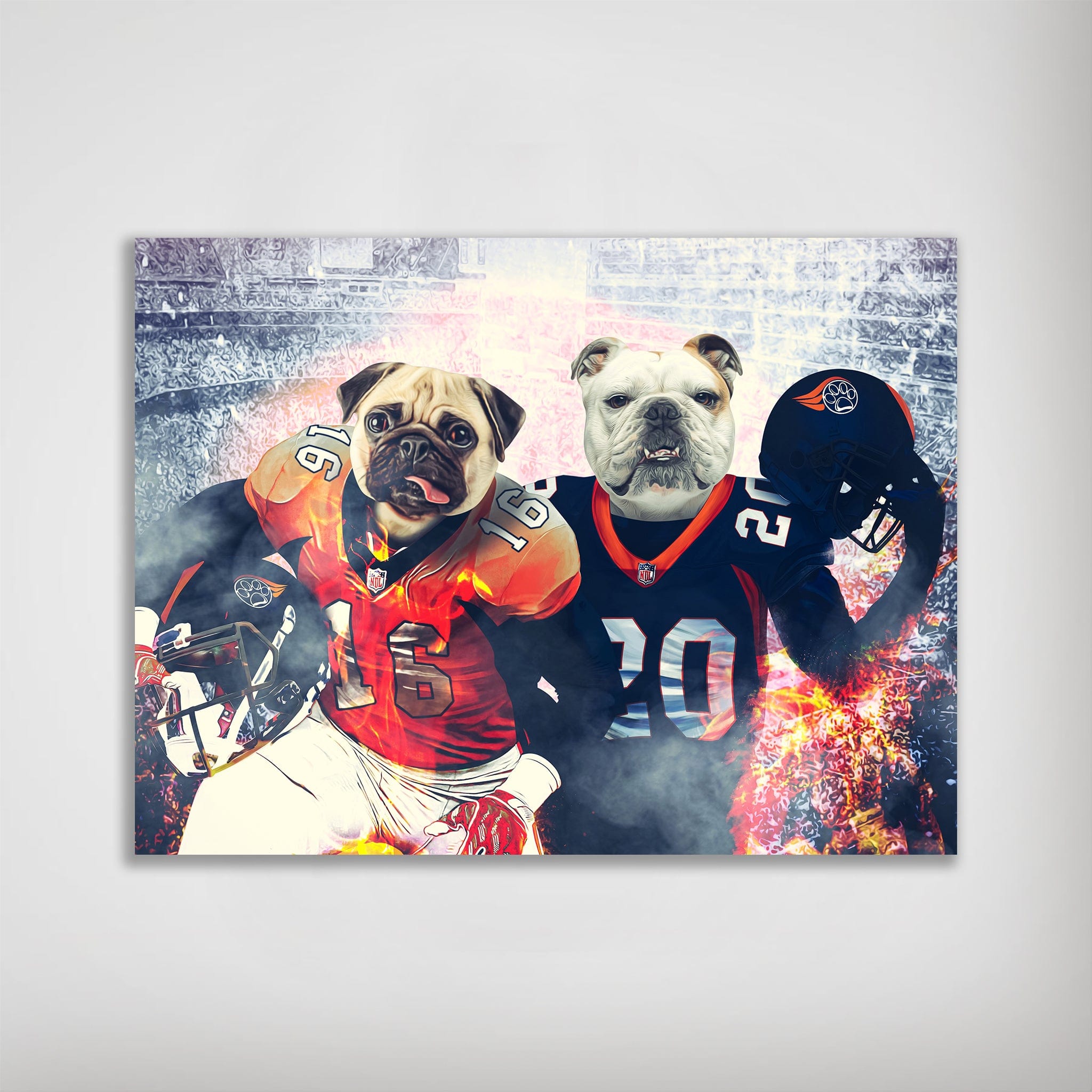 Personalized matte poster featuring a pug in a red football uniform and a bulldog in a blue uniform.