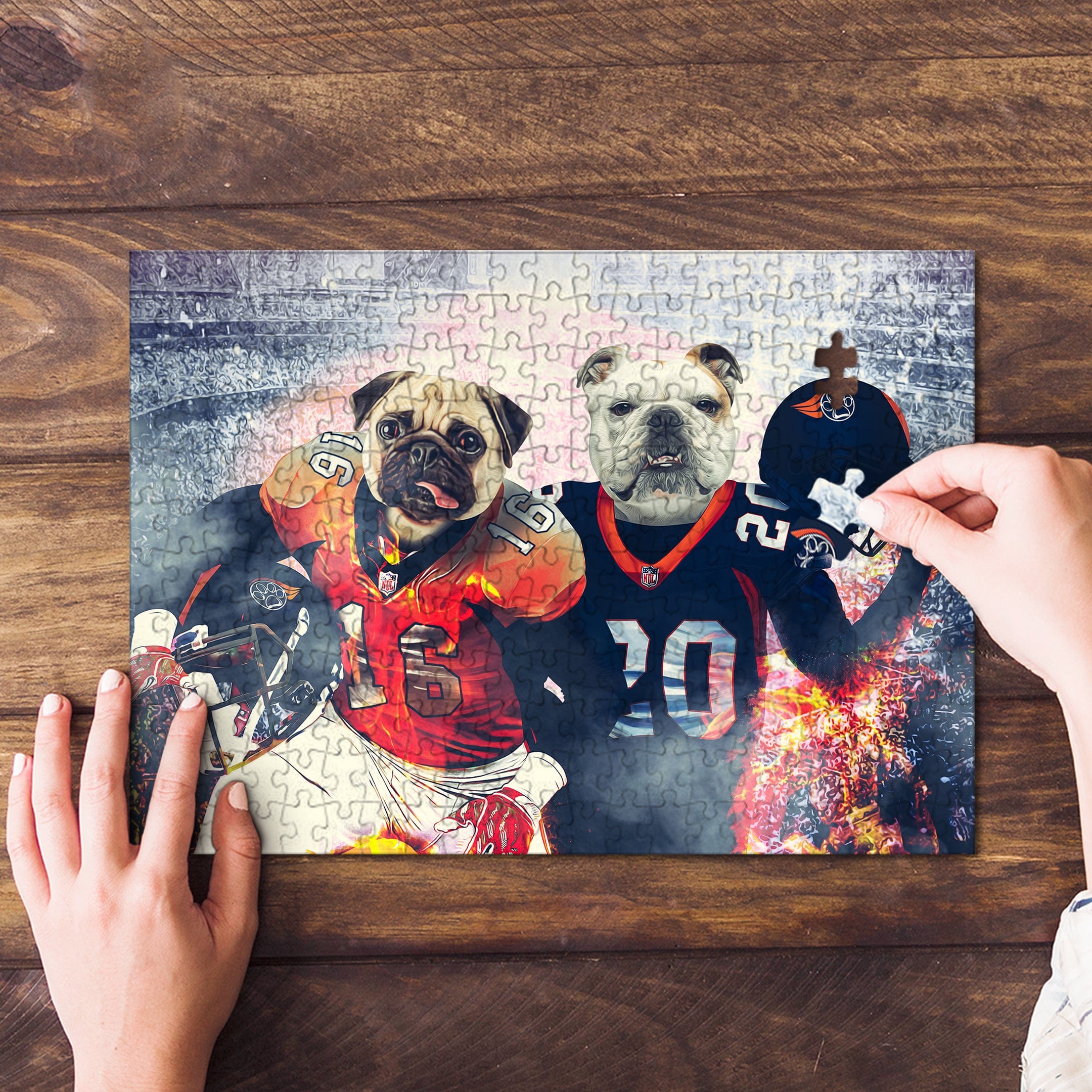 Personalized 2 pet puzzle featuring a pug and bulldog in football jerseys, being assembled on wood.