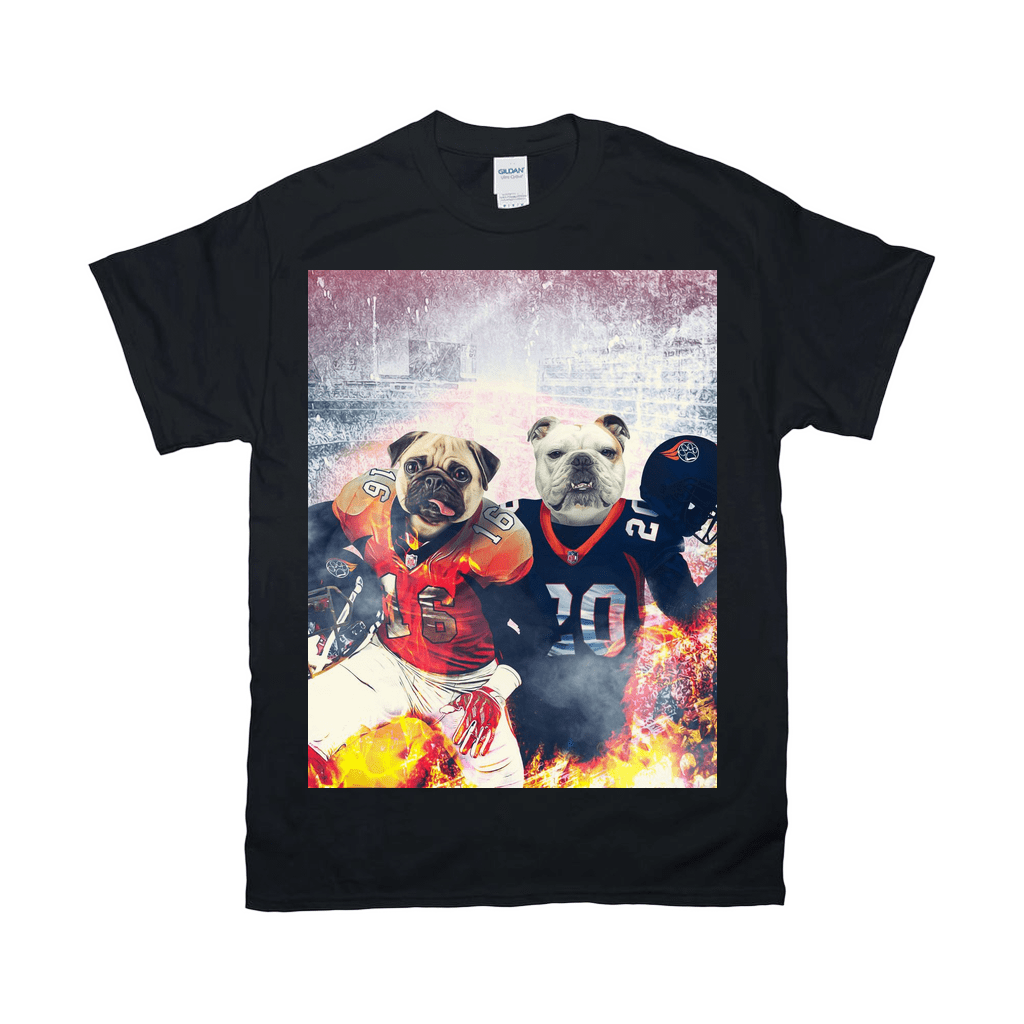 Black Gildan t-shirt with two personalized pet portraits as football players, a pug and a bulldog, on fire.