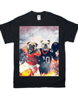 Black Gildan t-shirt with two personalized pet portraits as football players, a pug and a bulldog, on fire.
