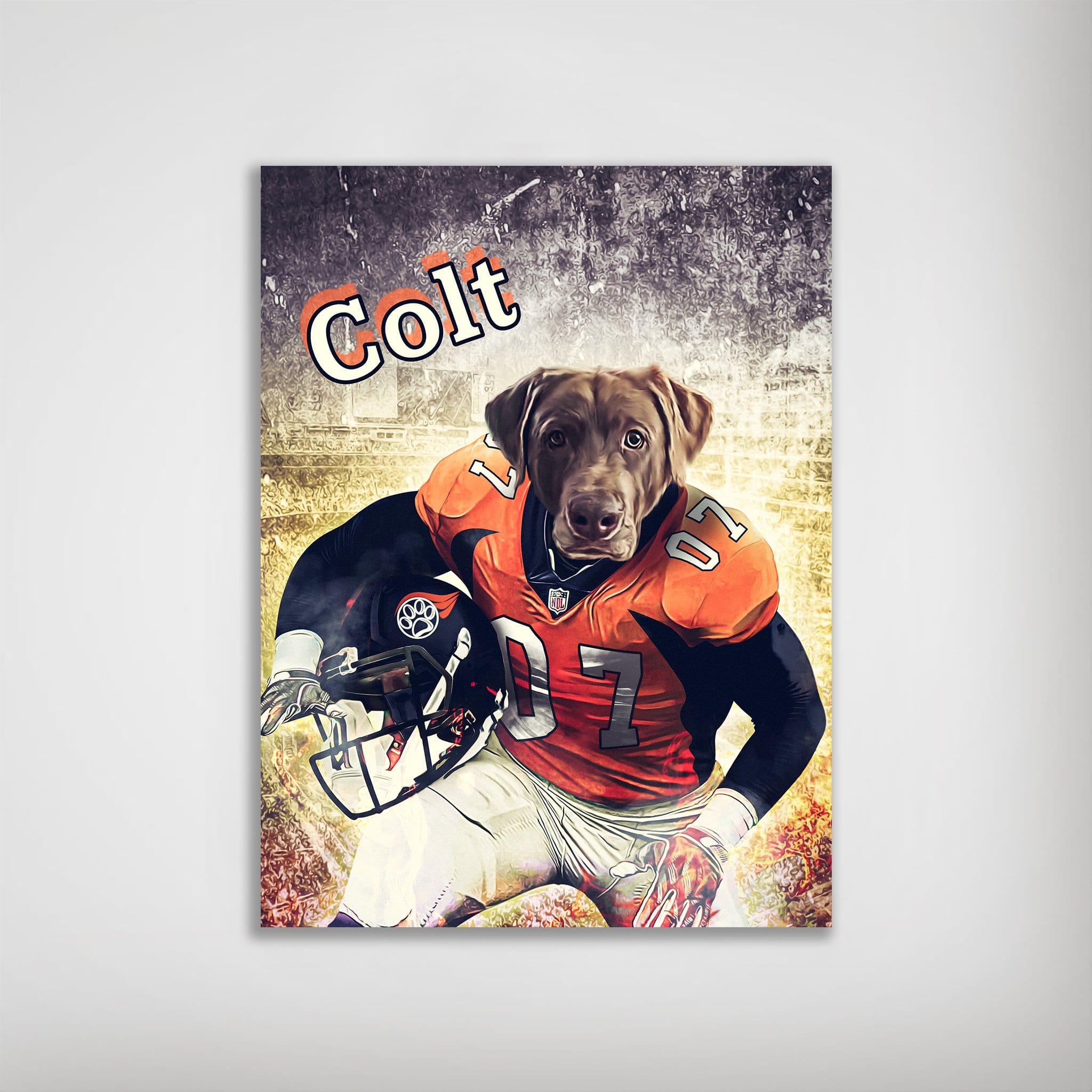 Personalized "Denver Doggos" poster featuring a chocolate lab in an orange football uniform with "Colt" above.