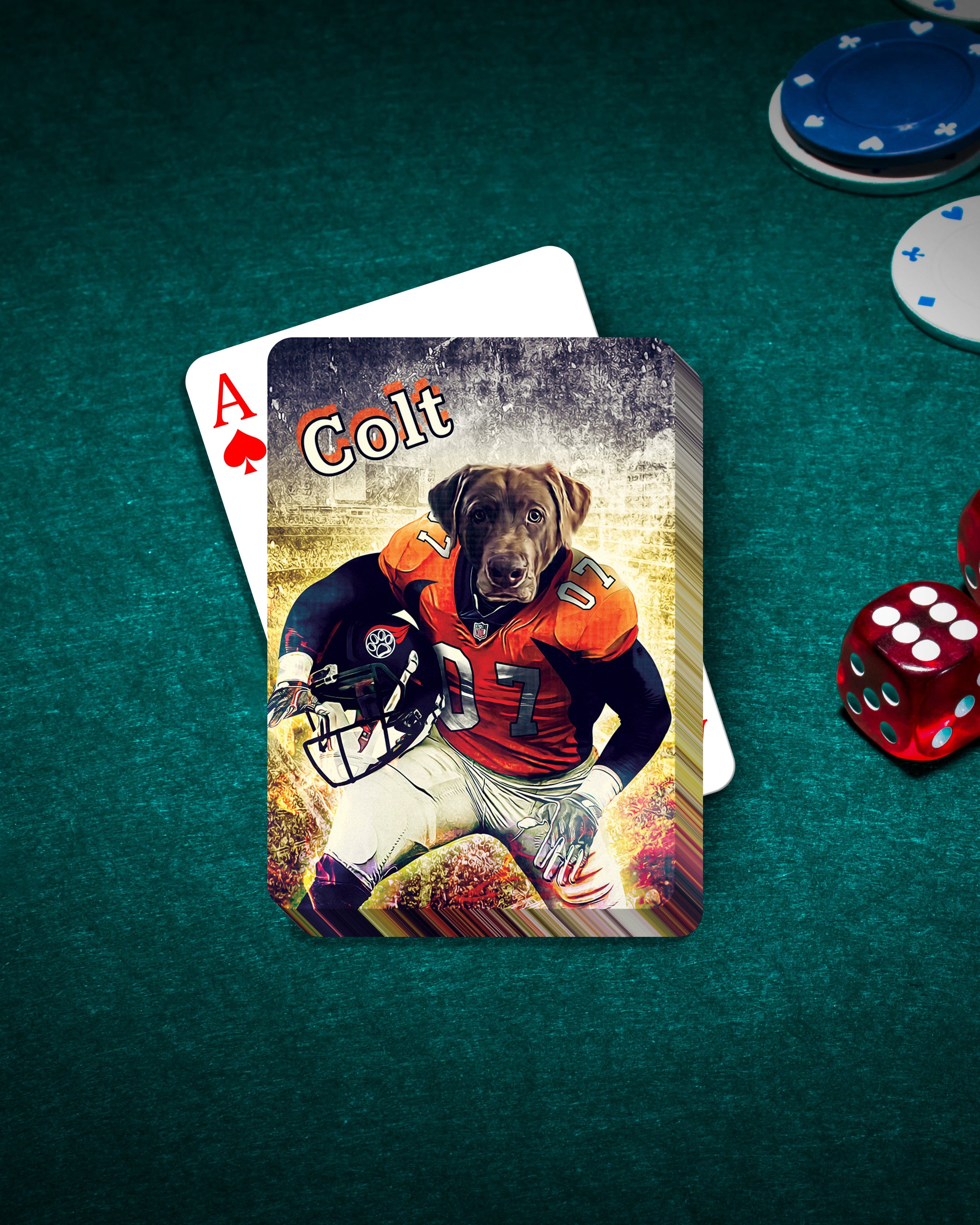 Personalized playing cards featuring a dog in a Denver Broncos football uniform, "Colt" text, on a green felt table.