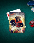 Personalized playing cards featuring a dog in a Denver Broncos football uniform, "Colt" text, on a green felt table.