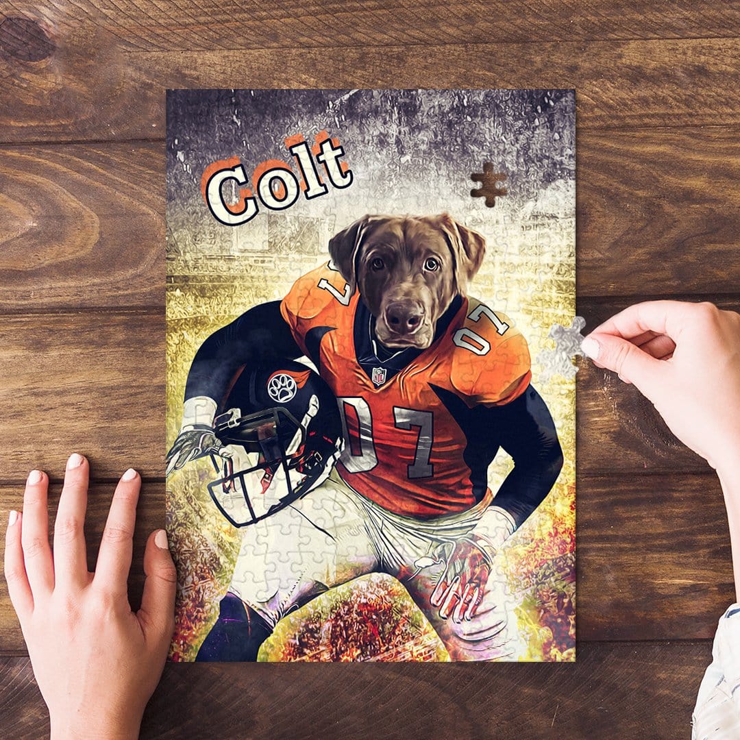 Personalized pet puzzle featuring a chocolate lab in a Denver Broncos football uniform, with "Colt" text.