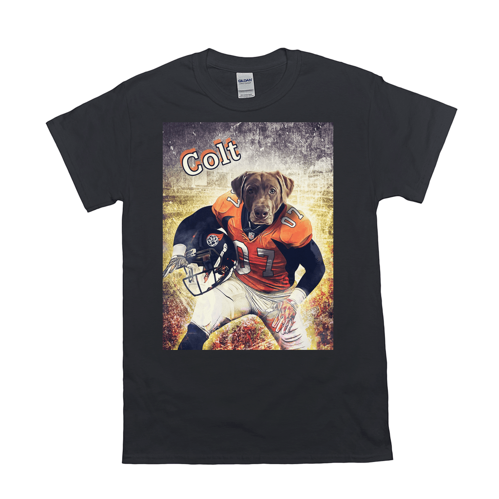Black Gildan t-shirt with a personalized graphic of a chocolate lab in a Broncos football uniform.