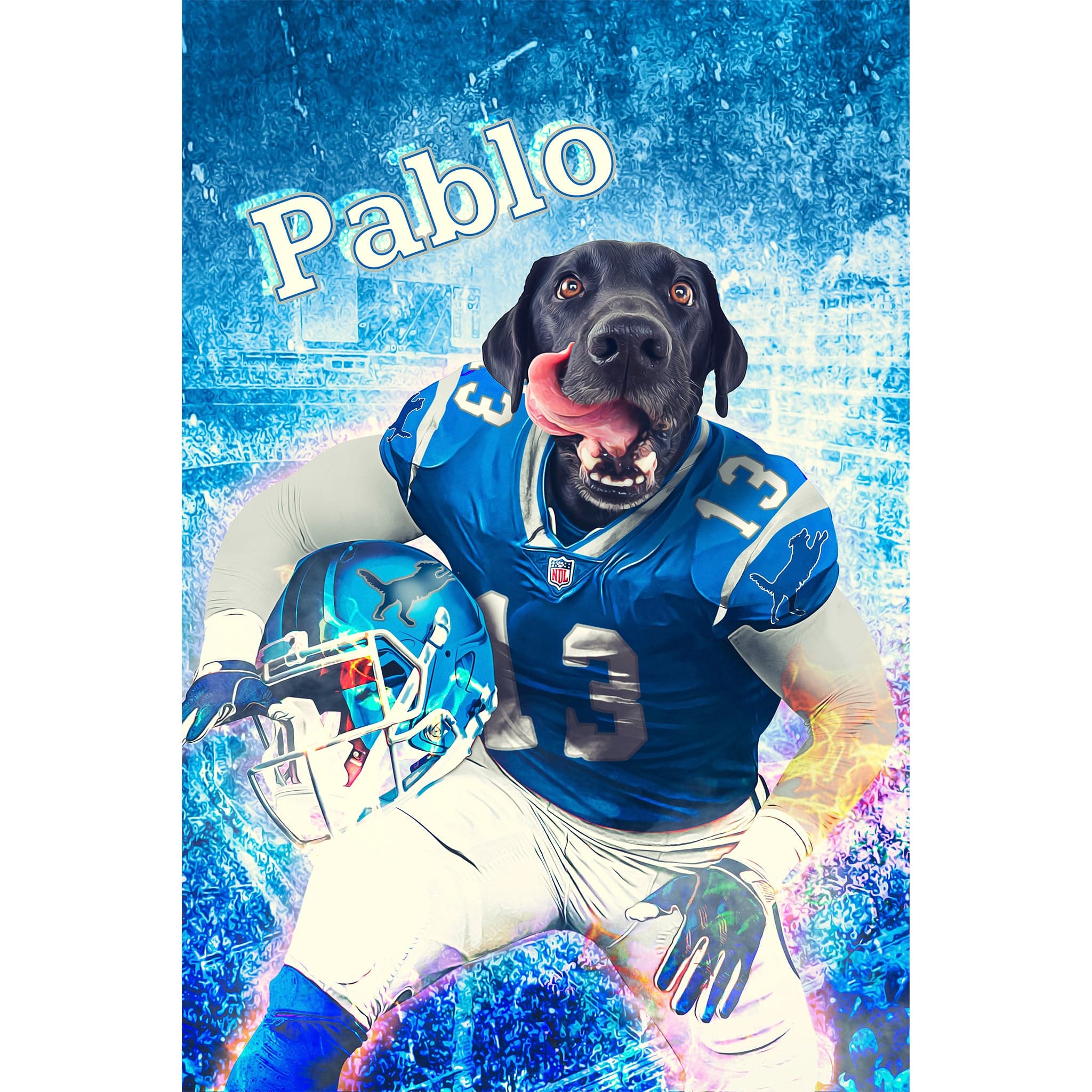 Personalized digital portrait of a black dog in a blue football uniform with "Pablo" above.