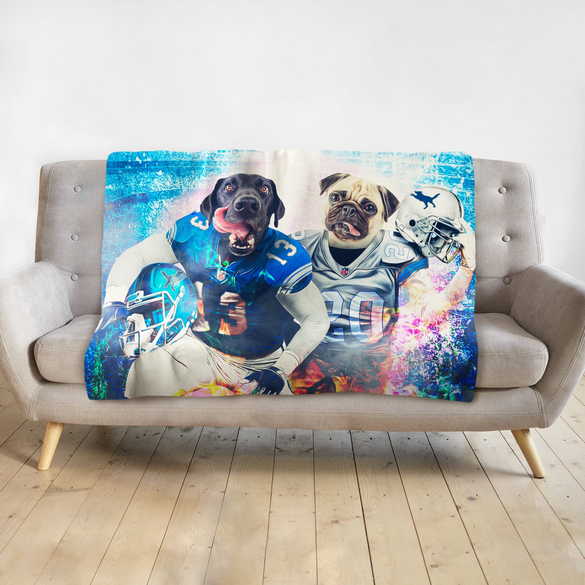 Personalized minky blanket with custom dog portraits in Detroit Lions football uniforms.