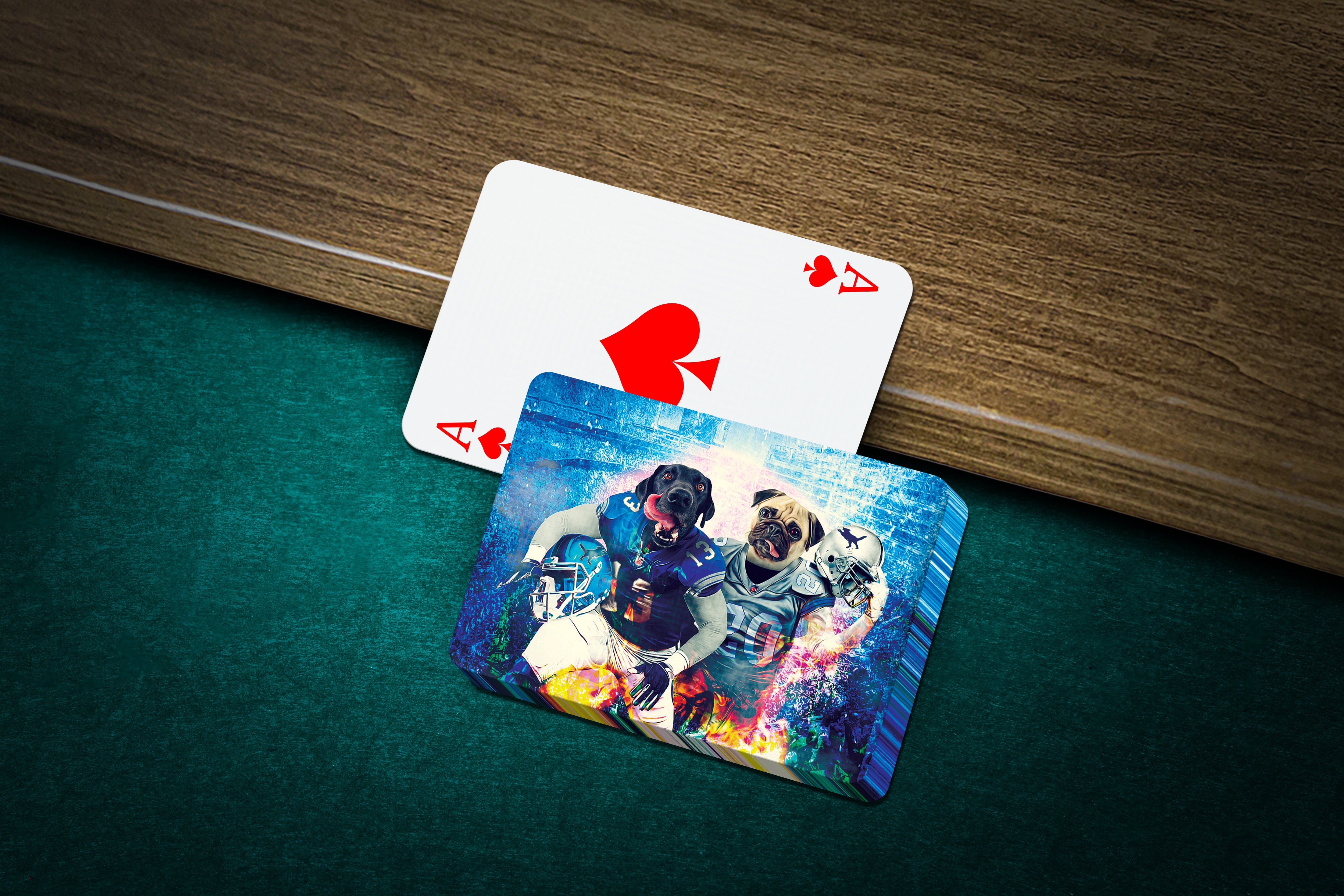 Personalized playing cards featuring two dogs in football uniforms, "Detroit Doggos" design.