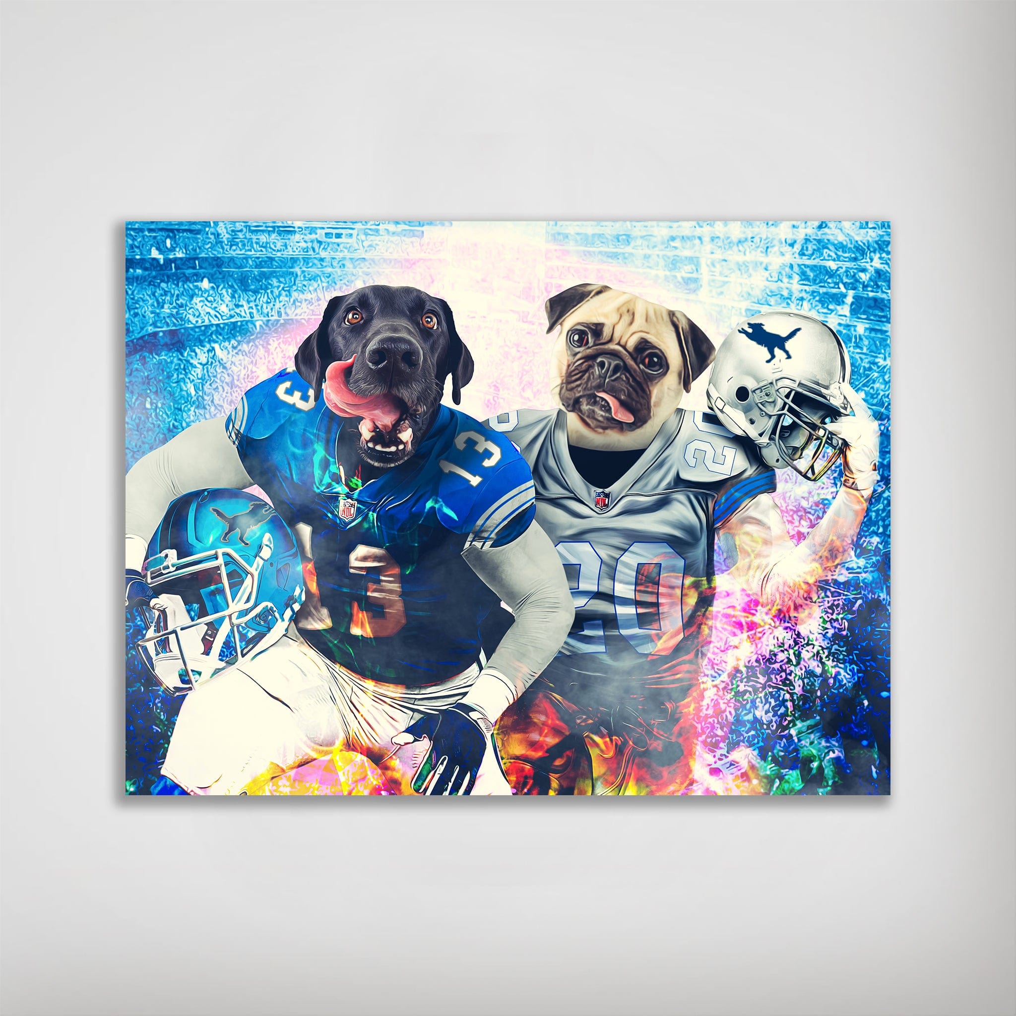 Personalized 'Detroit Doggos' poster featuring two pets as football players in blue and gray jerseys.