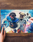 Personalized 2 pet puzzle featuring a black lab and pug in football uniforms, being assembled on wood.