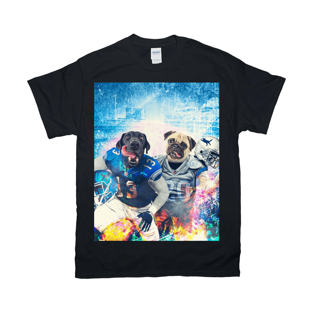 Black Gildan t-shirt with a personalized graphic of a black lab and a pug in Detroit Lions football uniforms.