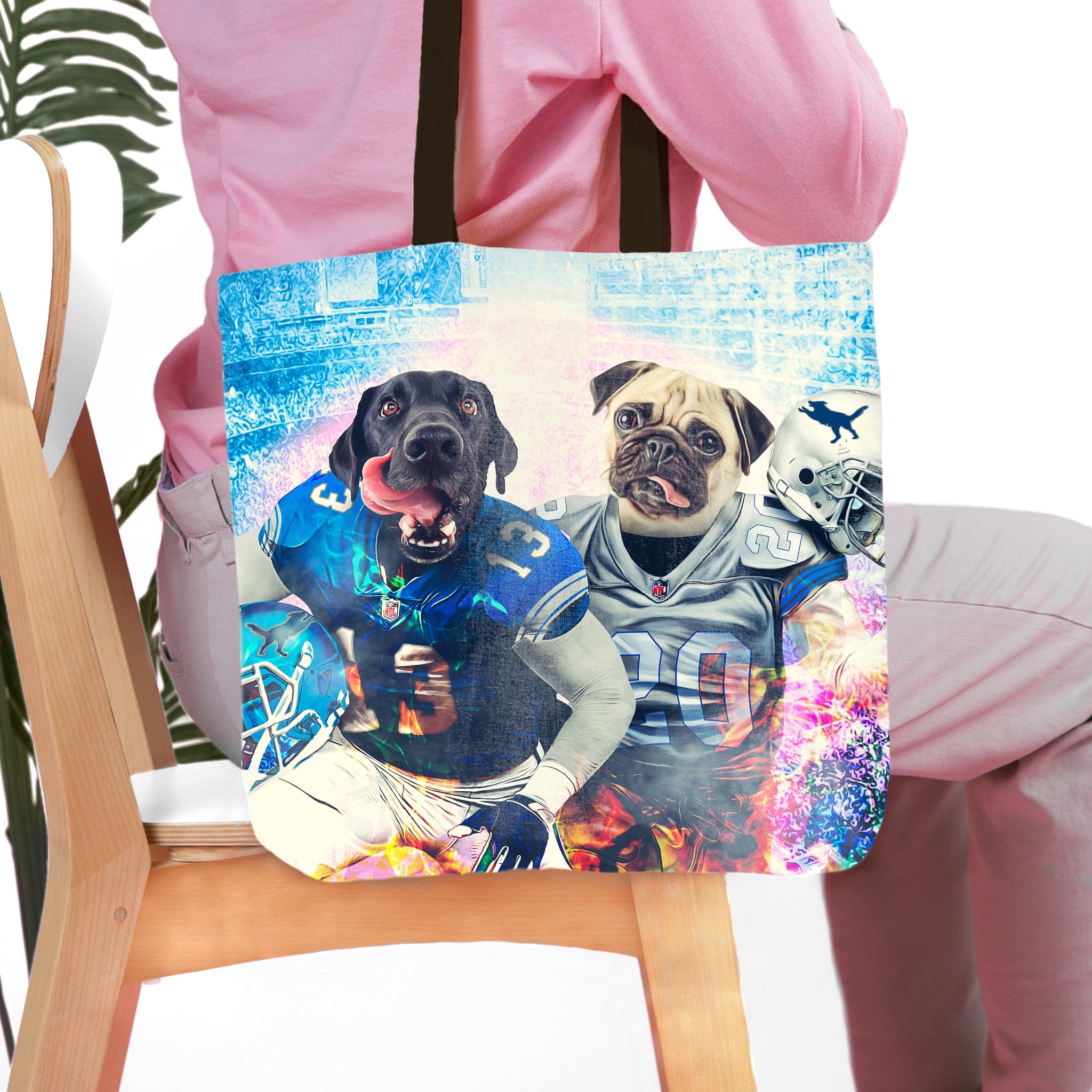 Personalized tote bag with two pet dog portraits in Detroit Lions football uniforms.