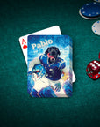 Personalized playing card featuring a black dog in a blue football uniform, named Pablo, on a green felt table.