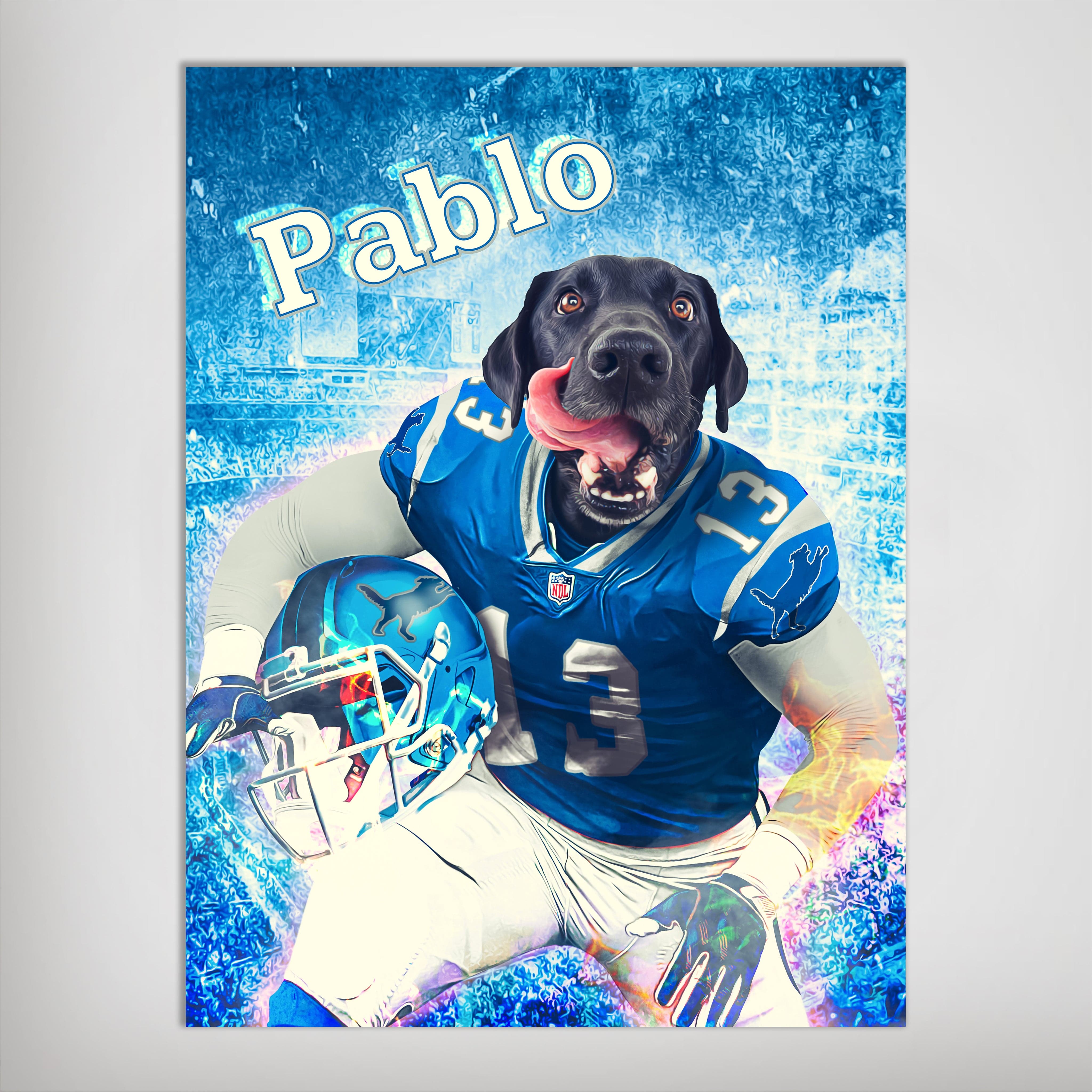 Personalized 'Detroit Doggos' pet poster featuring a black dog in a blue football uniform with "Pablo" above.