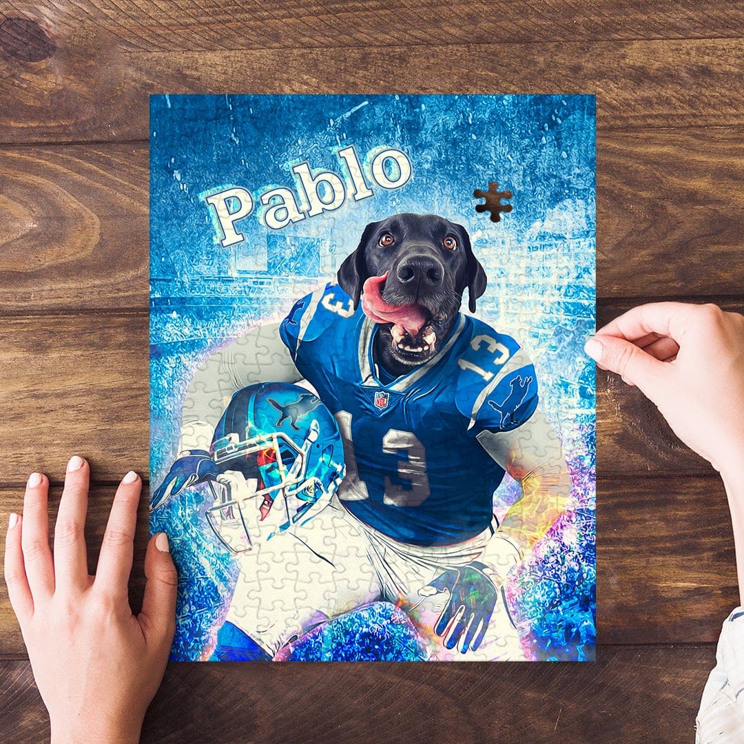 Personalized pet puzzle featuring a black dog in a blue football uniform, named Pablo, on a wooden table.