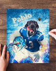 Personalized pet puzzle featuring a black dog in a blue football uniform, named Pablo, on a wooden table.