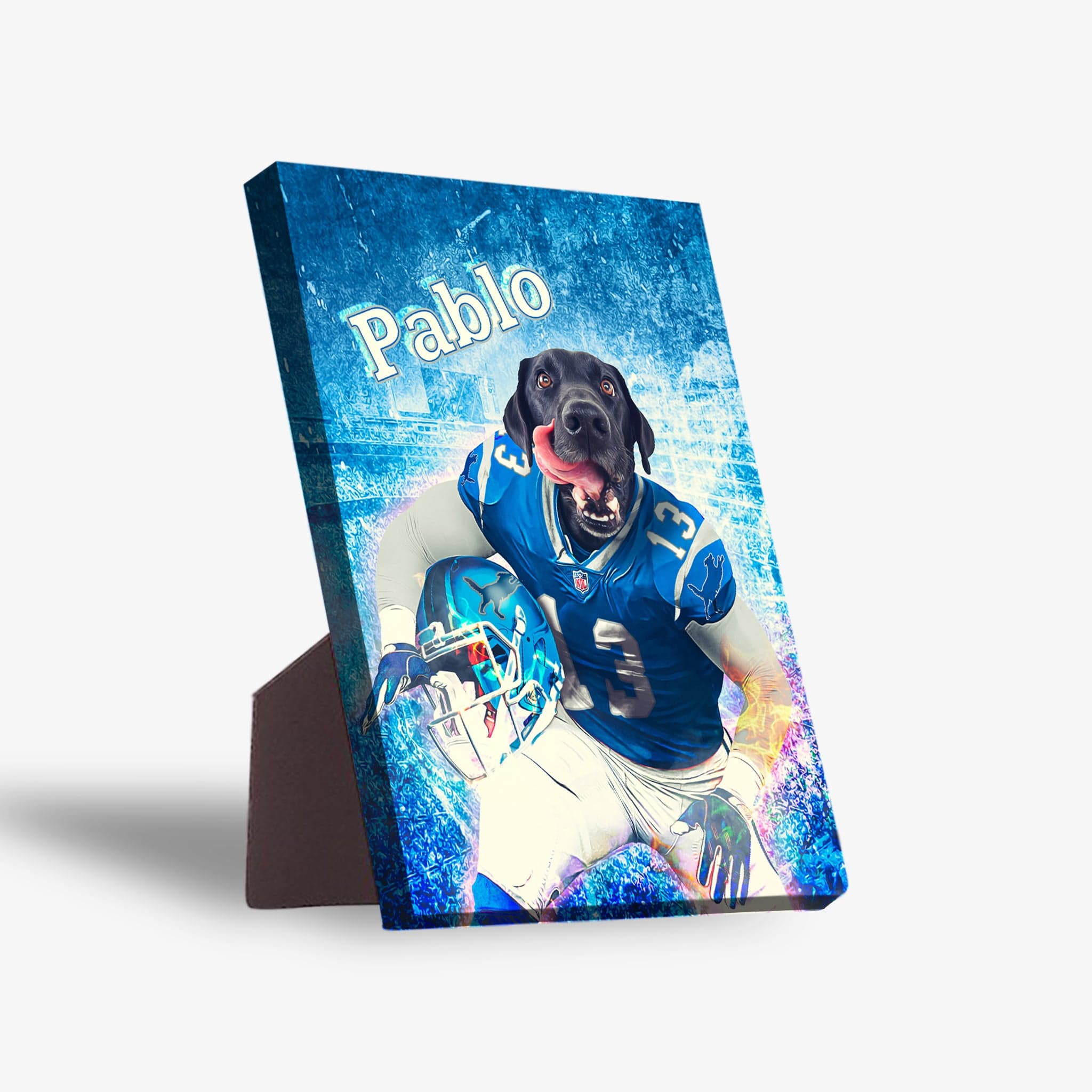 Personalized Detroit Doggos standing canvas featuring a black dog in a blue football uniform, holding a helmet.